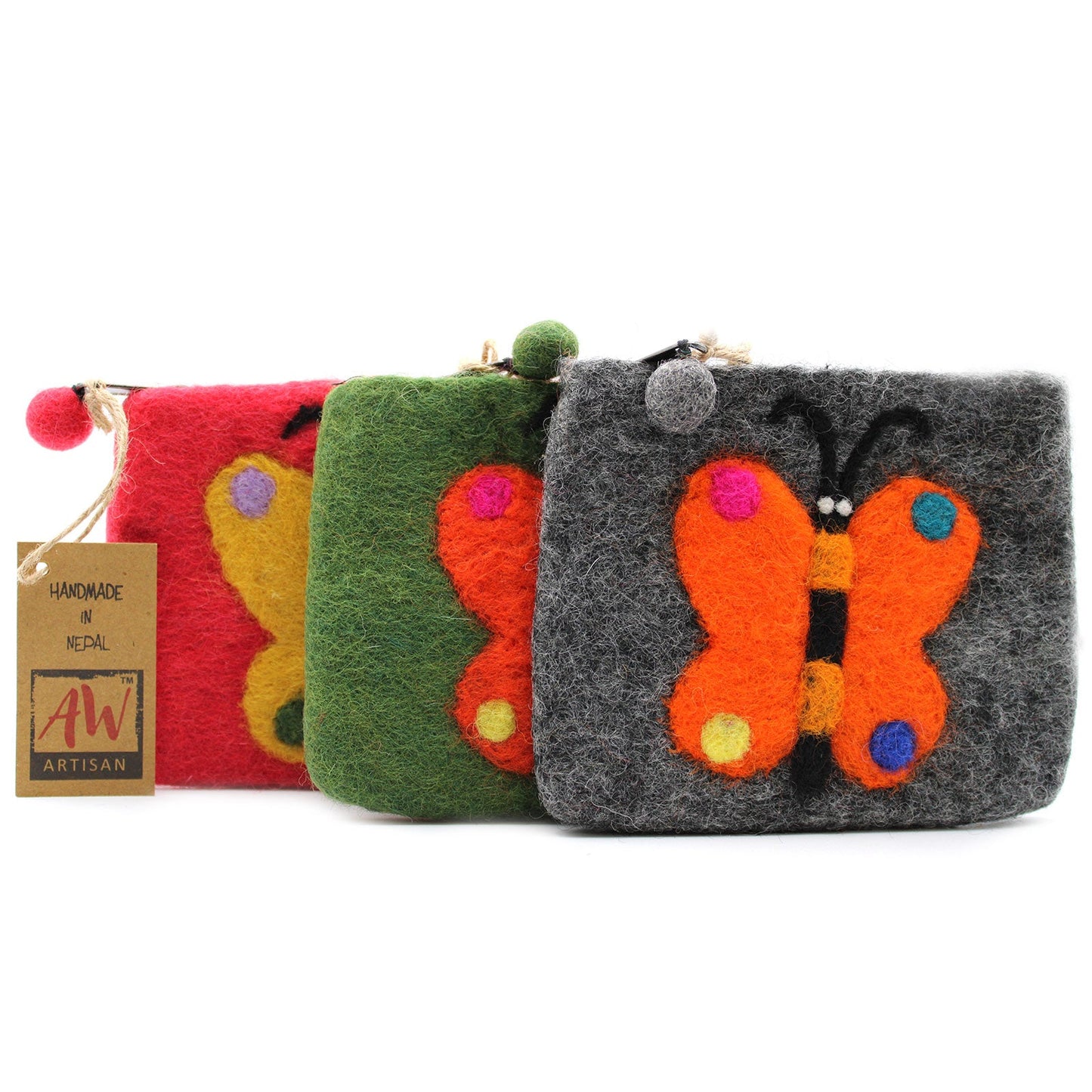 Handmade Natural Felt Purse or Pouch with Zip - Assorted Colours / Butterfly product packaging on clean background from Quintessential Holistic Health Ltd