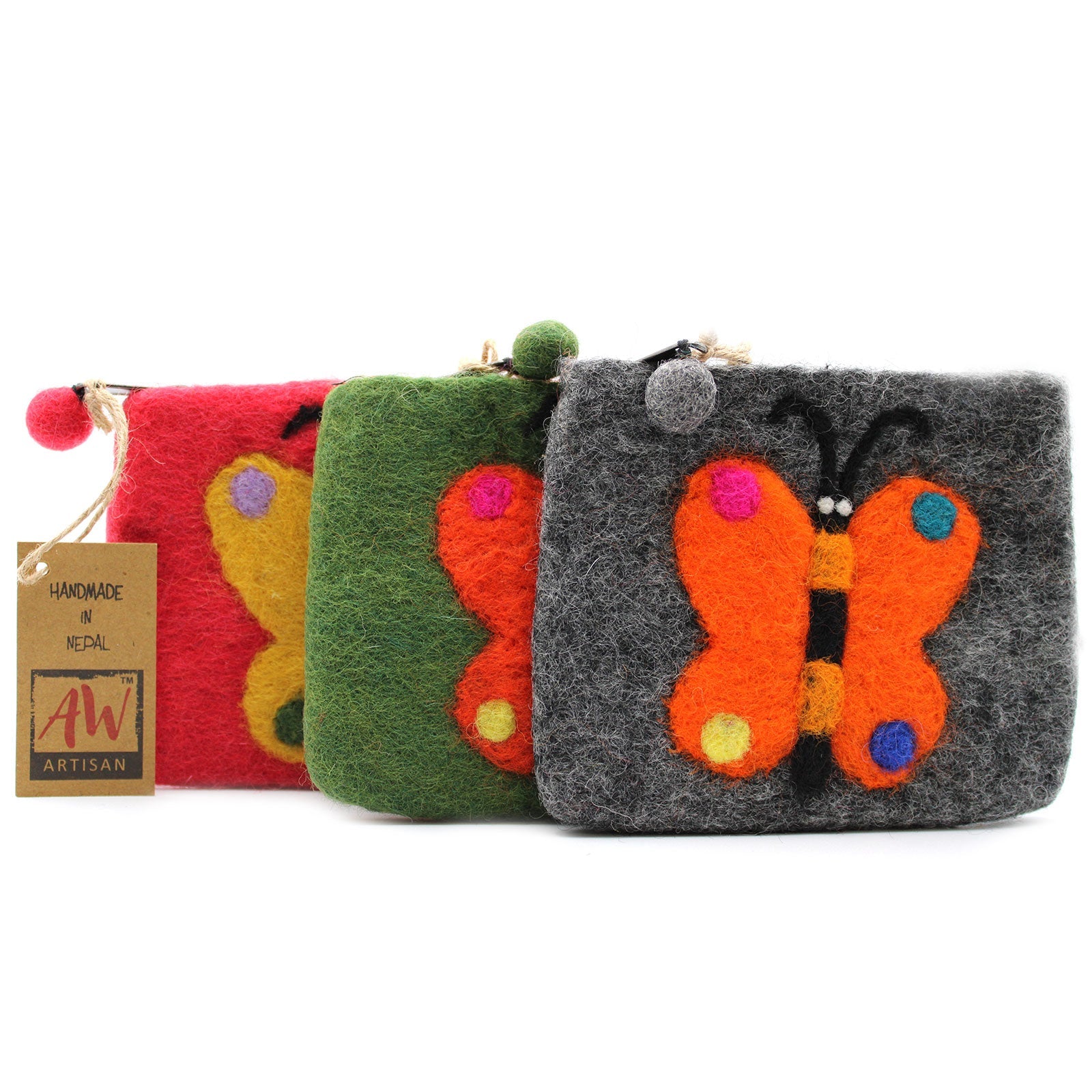Handmade Natural Felt Purse or Pouch with Zip - Assorted Colours / Butterfly product packaging on clean background from Quintessential Holistic Health Ltd