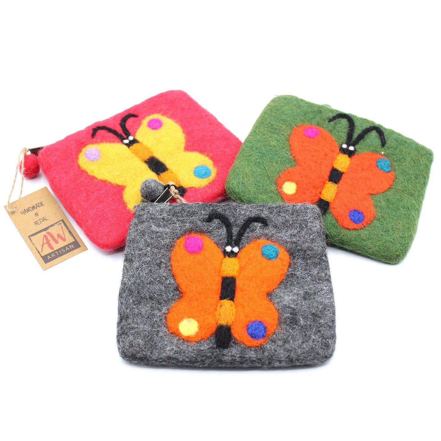 Handmade Natural Felt Purse or Pouch with Zip - Assorted Colours / Butterfly product packaging on clean background from Quintessential Holistic Health Ltd