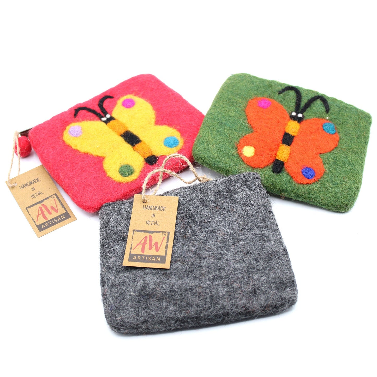 Handmade Natural Felt Purse or Pouch with Zip - Assorted Colours / Butterfly product packaging on clean background from Quintessential Holistic Health Ltd