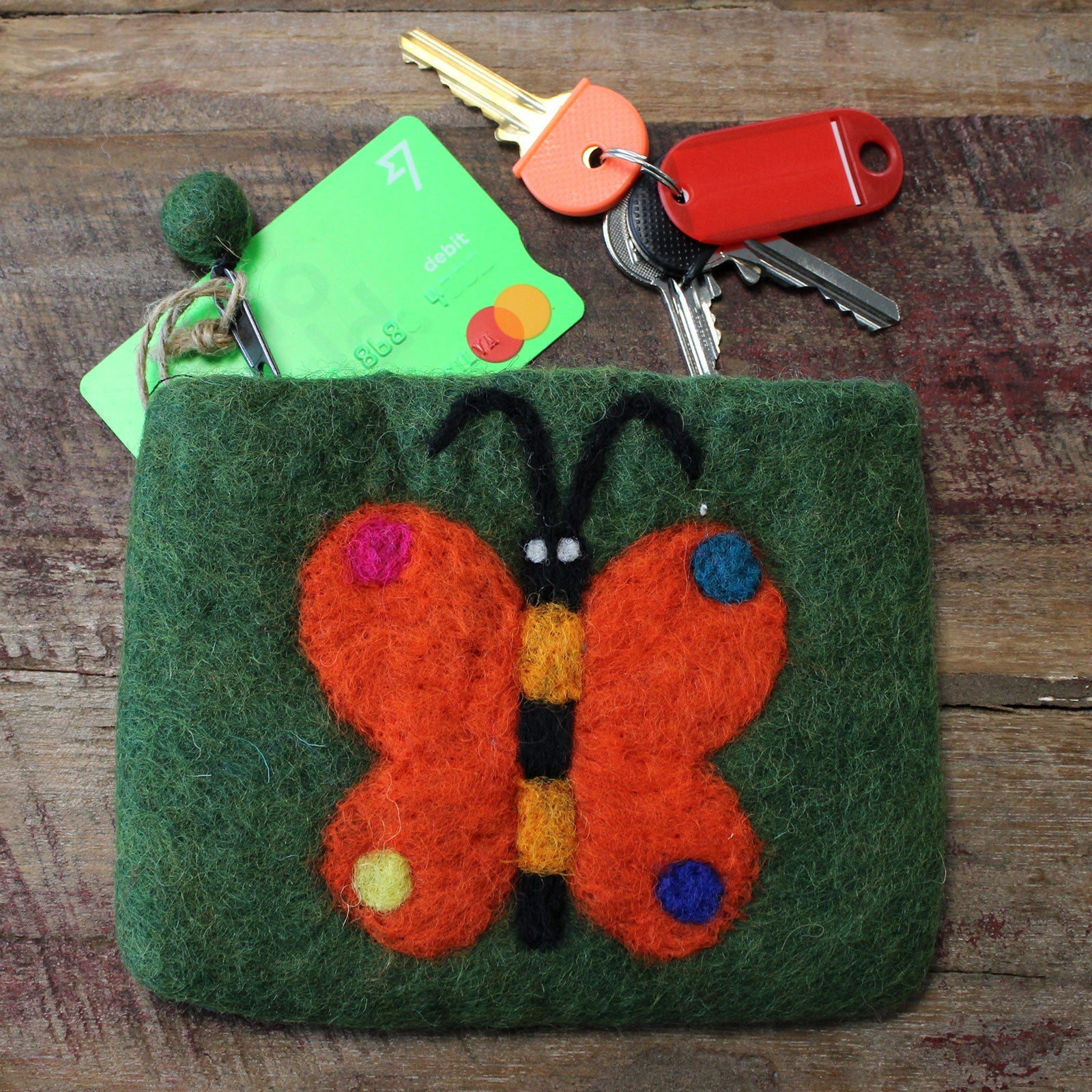 Handmade Natural Felt Purse or Pouch with Zip - Assorted Colours / Butterfly product packaging on clean background from Quintessential Holistic Health Ltd
