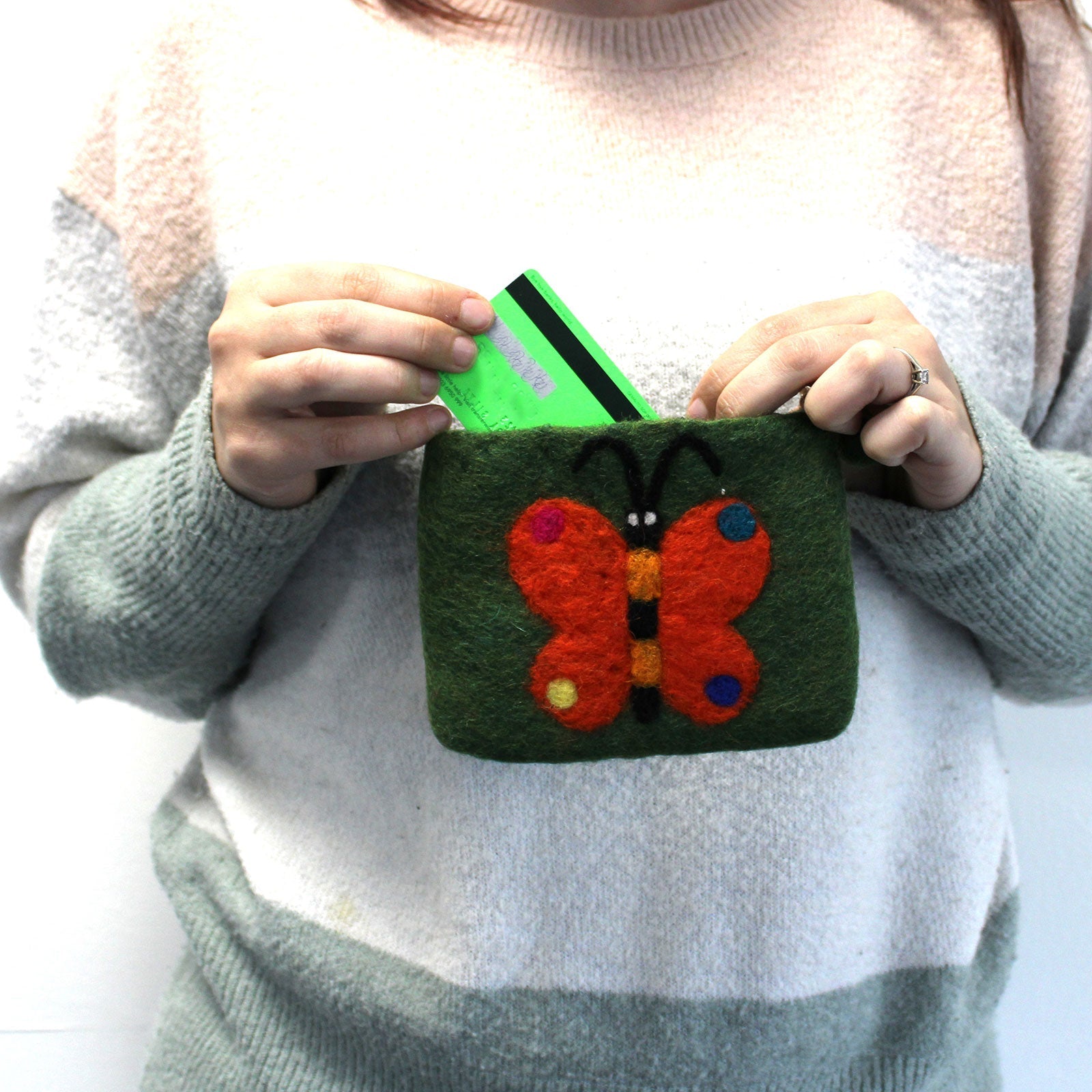 Handmade Natural Felt Purse or Pouch with Zip - Assorted Colours / Butterfly product packaging on clean background from Quintessential Holistic Health Ltd