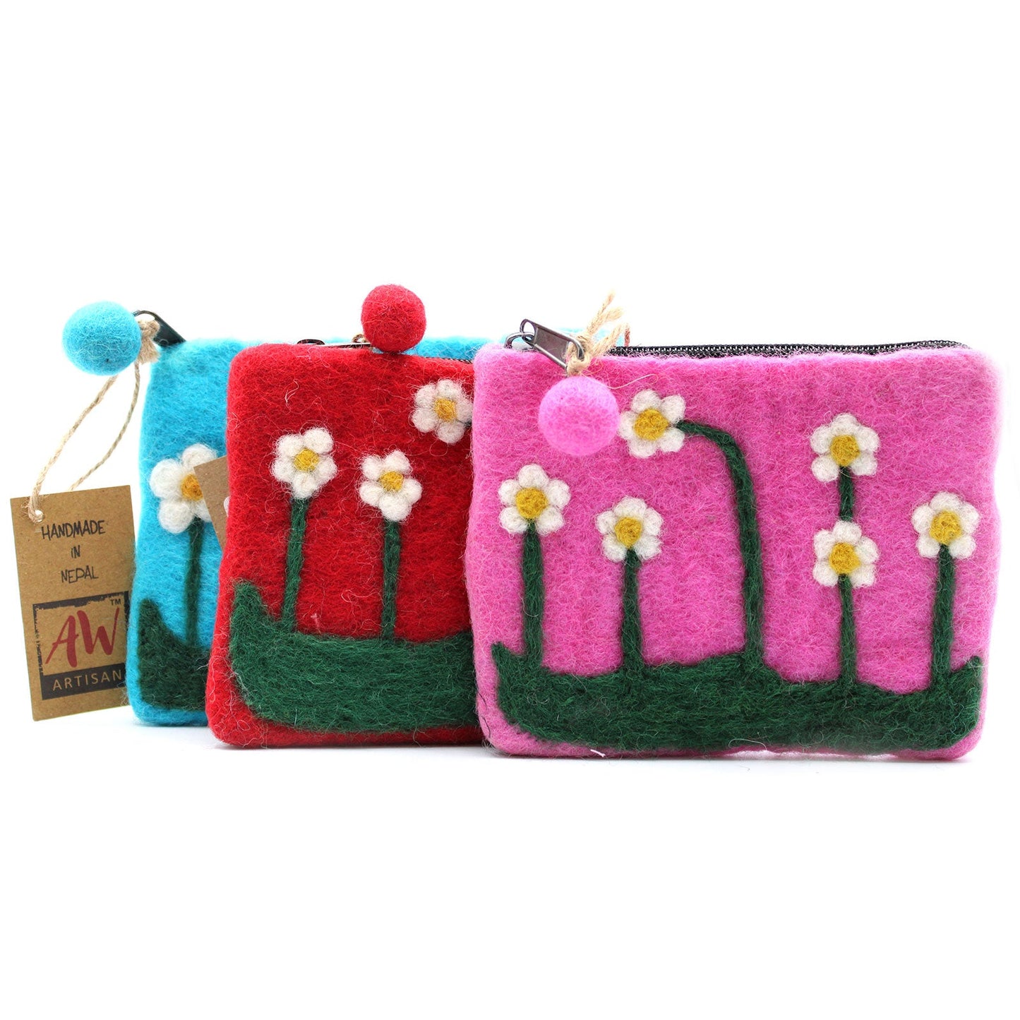 Handmade Natural Felt Purse or Pouch with Zip - Assorted Colours / Flower Garden product packaging on clean background from Quintessential Holistic Health Ltd