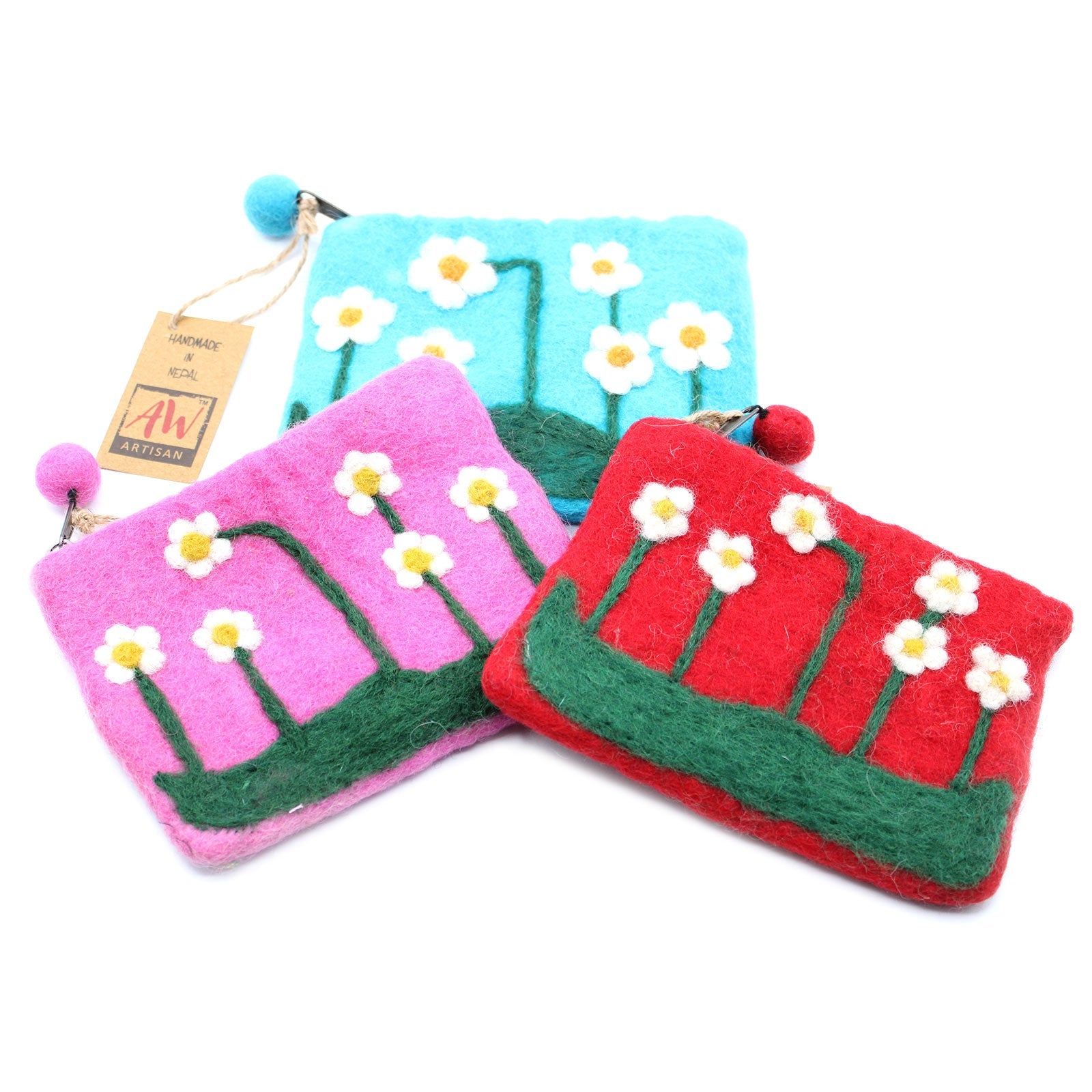 Handmade Natural Felt Purse or Pouch with Zip - Assorted Colours / Flower Garden product packaging on clean background from Quintessential Holistic Health Ltd