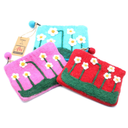 Handmade Natural Felt Purse or Pouch with Zip - Assorted Colours / Flower Garden product packaging on clean background from Quintessential Holistic Health Ltd