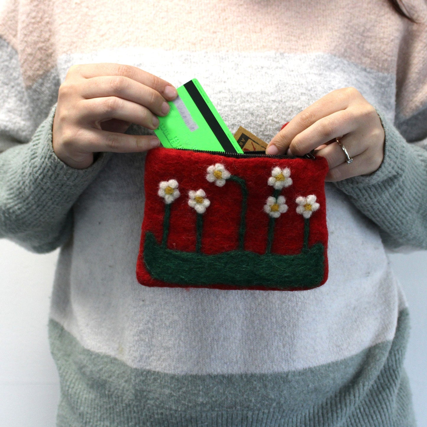 Handmade Natural Felt Purse or Pouch with Zip - Assorted Colours / Flower Garden product packaging on clean background from Quintessential Holistic Health Ltd
