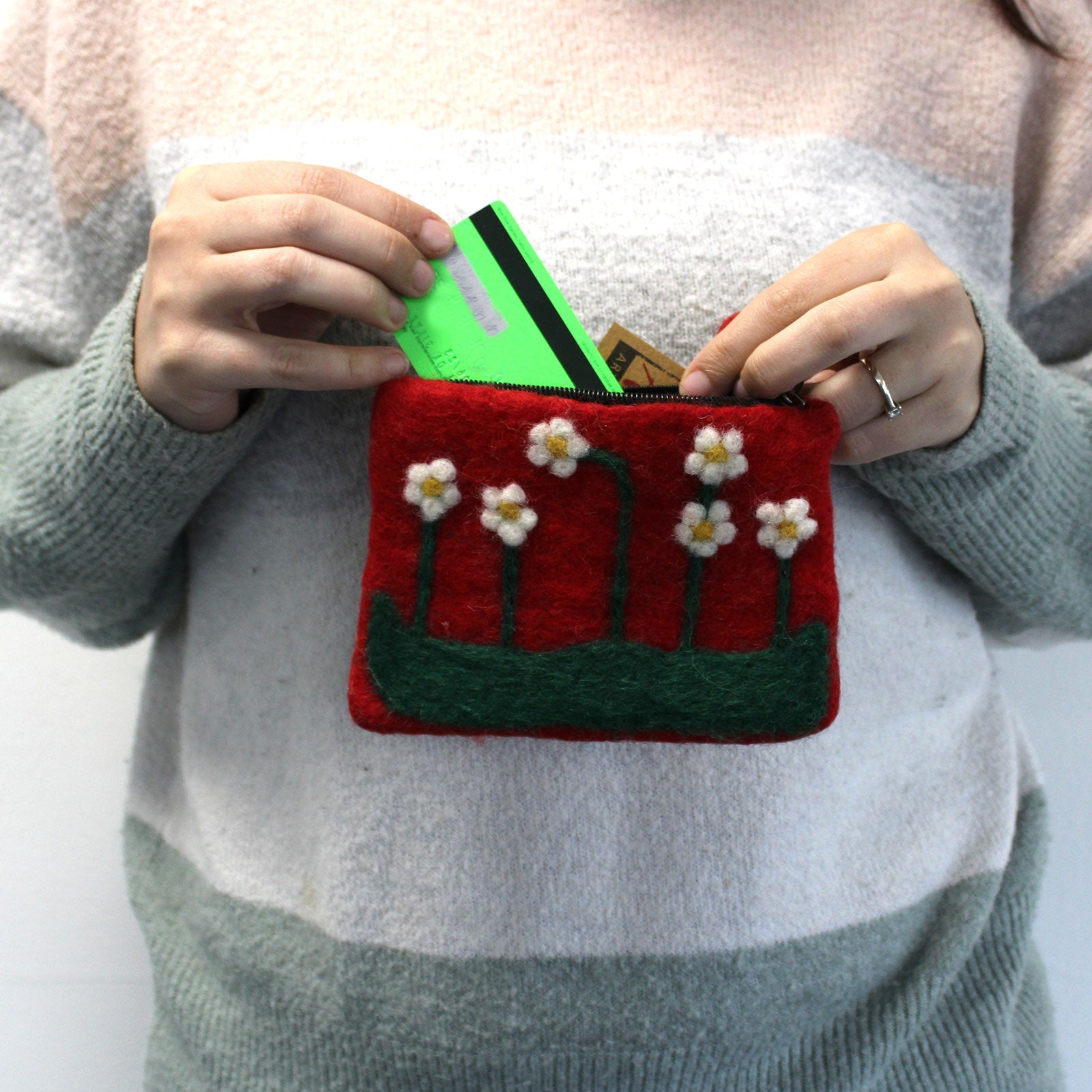 Handmade Natural Felt Purse or Pouch with Zip - Assorted Colours / Flower Garden product packaging on clean background from Quintessential Holistic Health Ltd