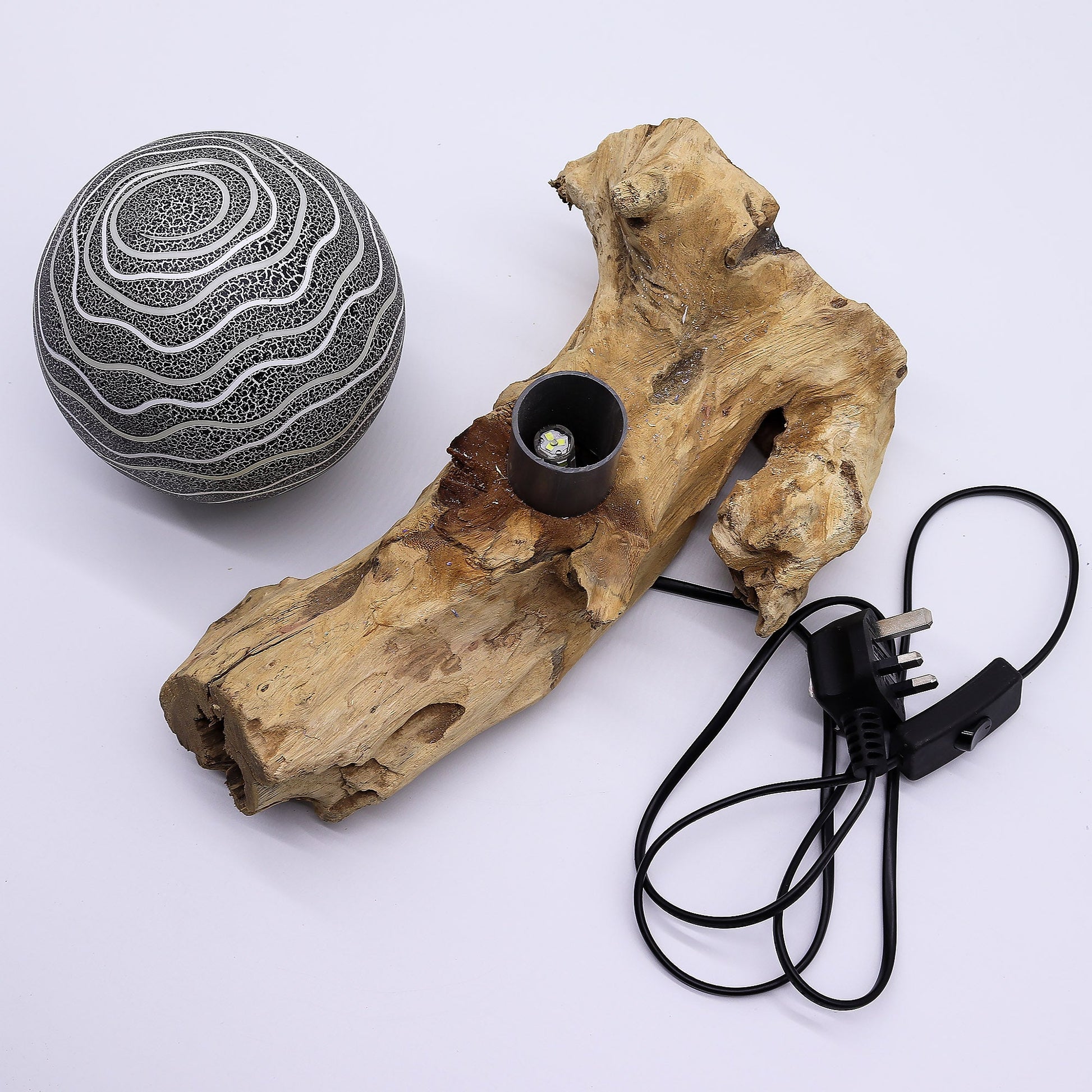 Natural Driftwood LED Glow Lamp - Grey Luna Shade product packaging on clean background from Quintessential Holistic Health Ltd