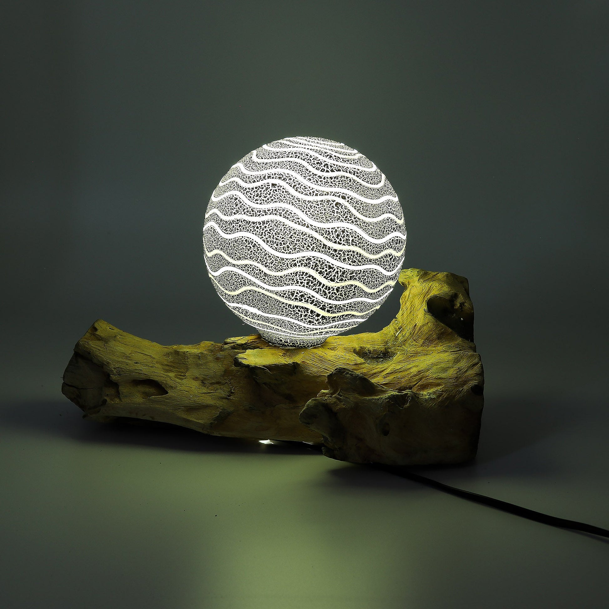 Natural Driftwood LED Glow Lamp - Grey Luna Shade product packaging on clean background from Quintessential Holistic Health Ltd