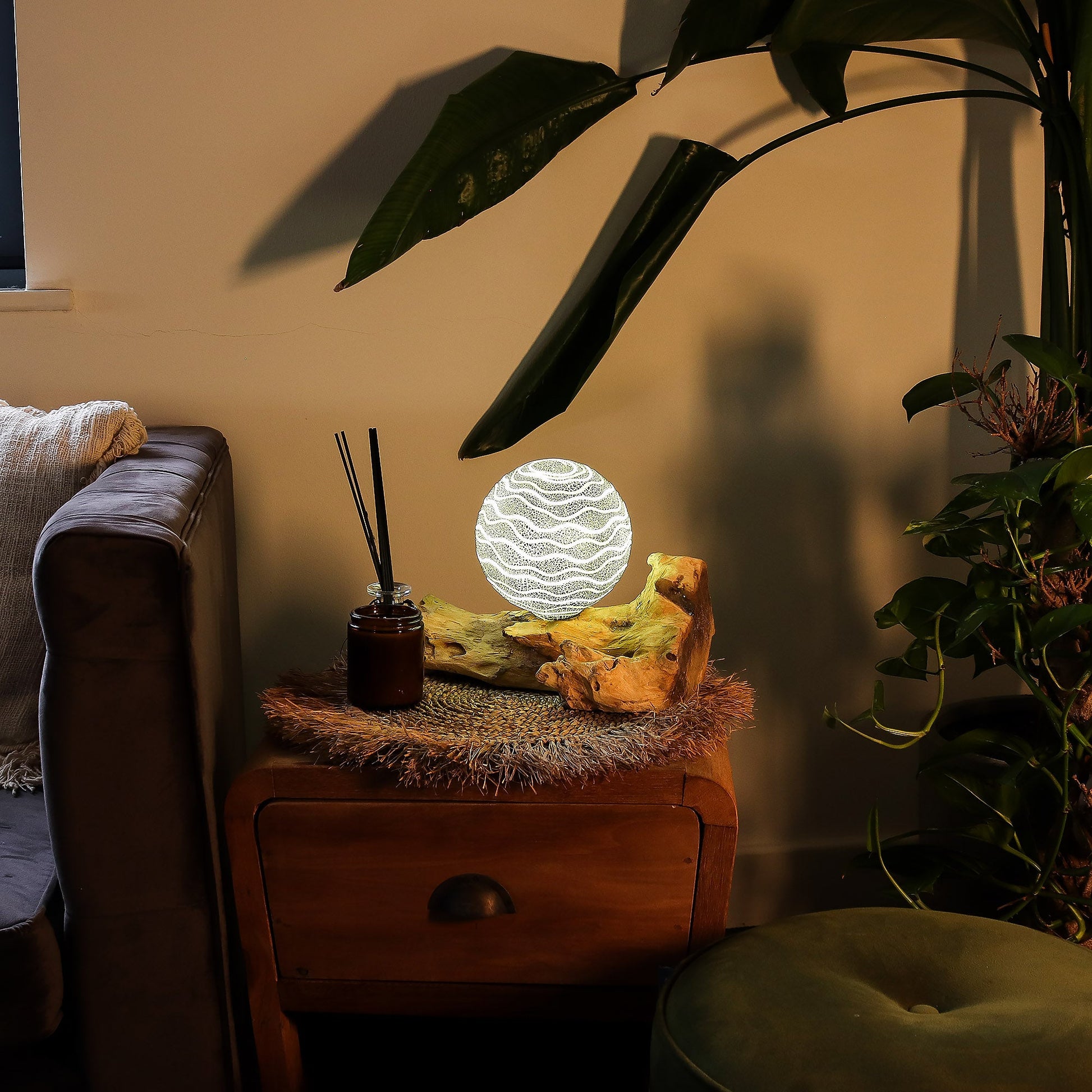 Natural Driftwood LED Glow Lamp - Grey Luna Shade product packaging on clean background from Quintessential Holistic Health Ltd