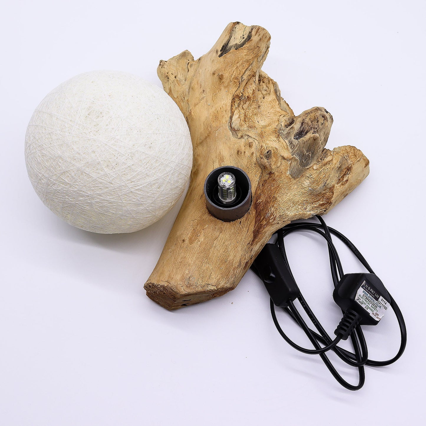 Natural Driftwood LED Glow Lamp - Cotton Ivory Luna Shade product packaging on clean background from Quintessential Holistic Health Ltd