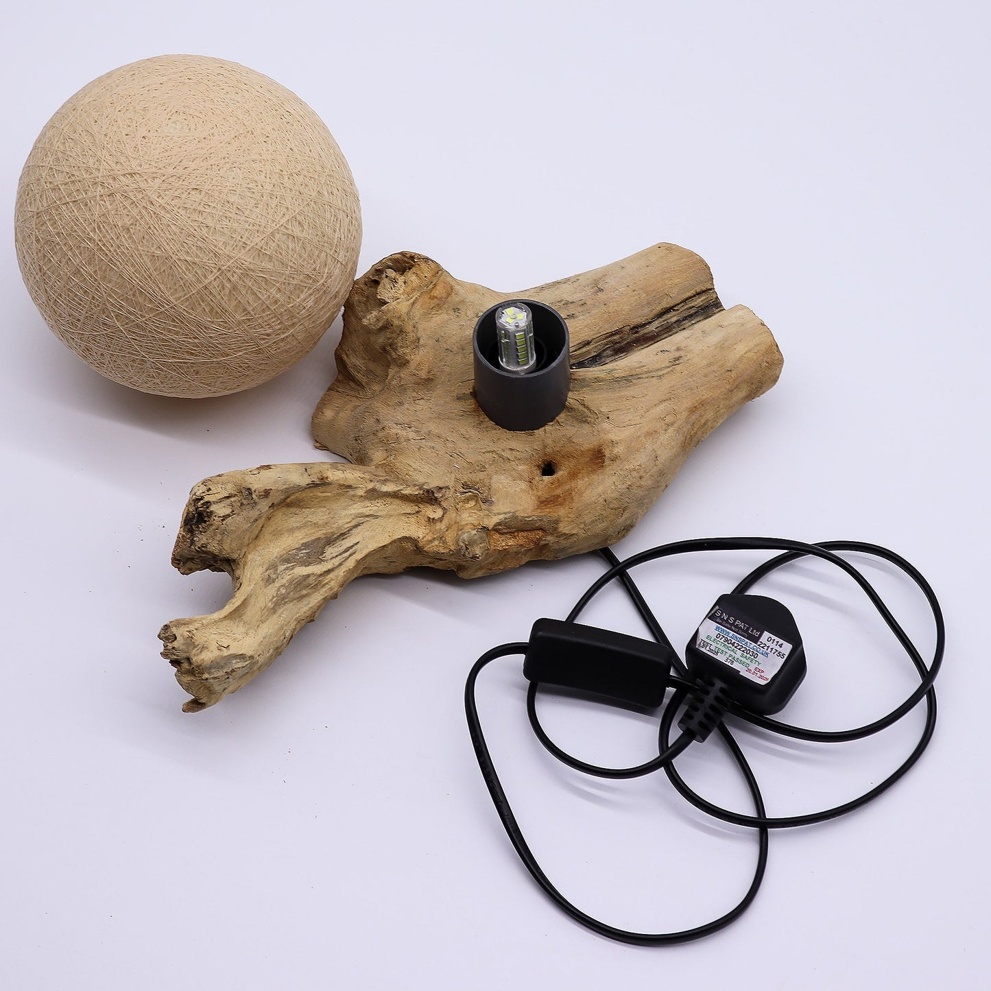 Natural Driftwood LED Glow Lamp - Cotton Wrap Cream Shade product packaging on clean background from Quintessential Holistic Health Ltd