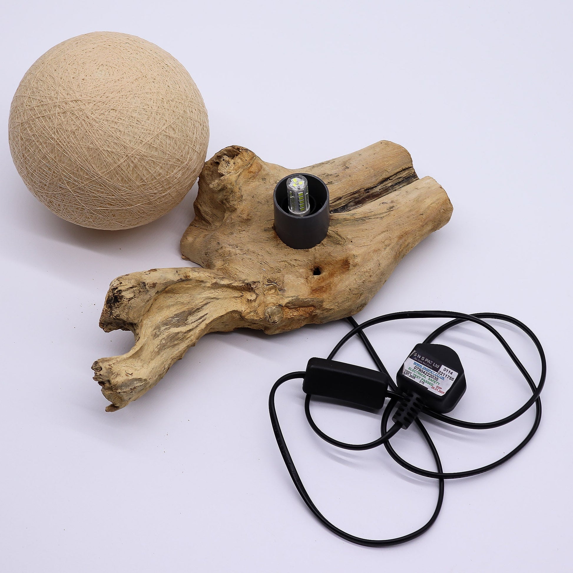 Natural Driftwood LED Glow Lamp - Cotton Wrap Cream Shade product packaging on clean background from Quintessential Holistic Health Ltd