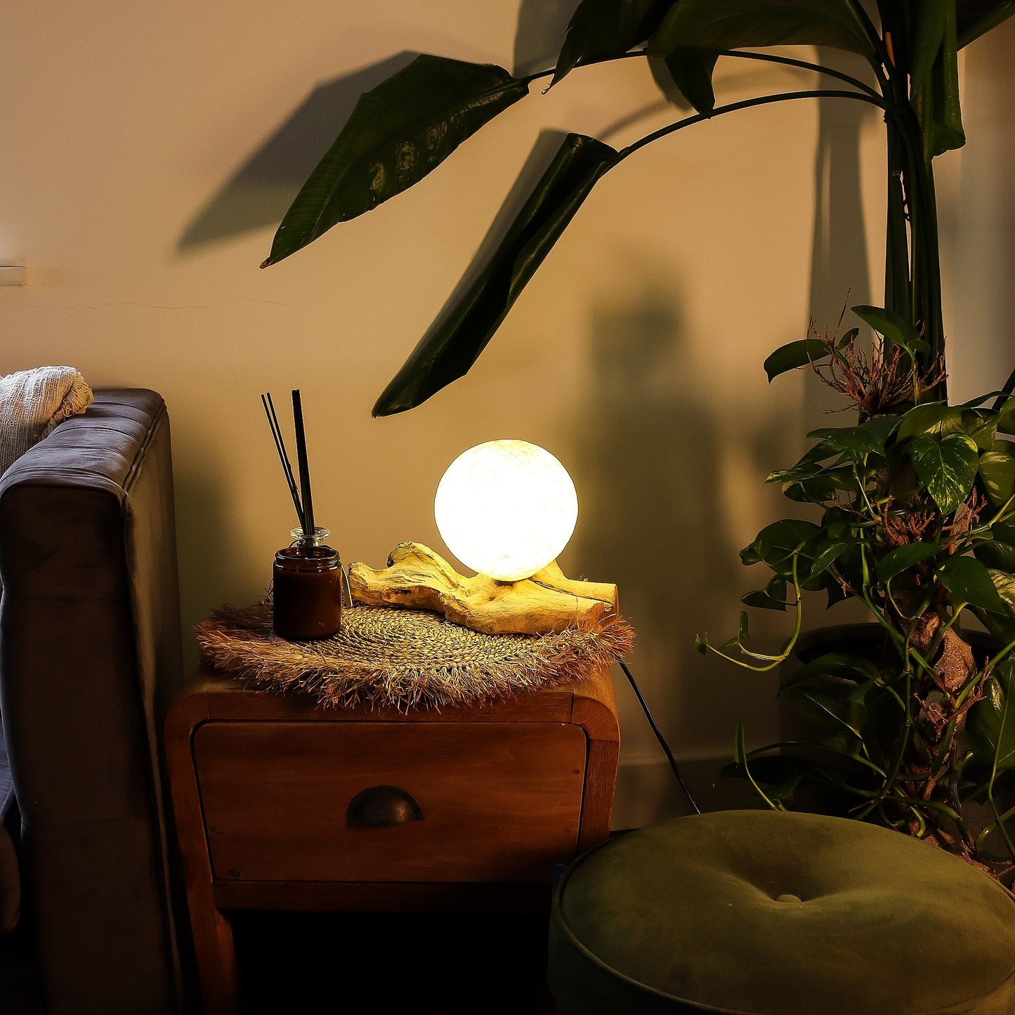 Natural Driftwood LED Glow Lamp - Cotton Wrap Cream Shade product packaging on clean background from Quintessential Holistic Health Ltd