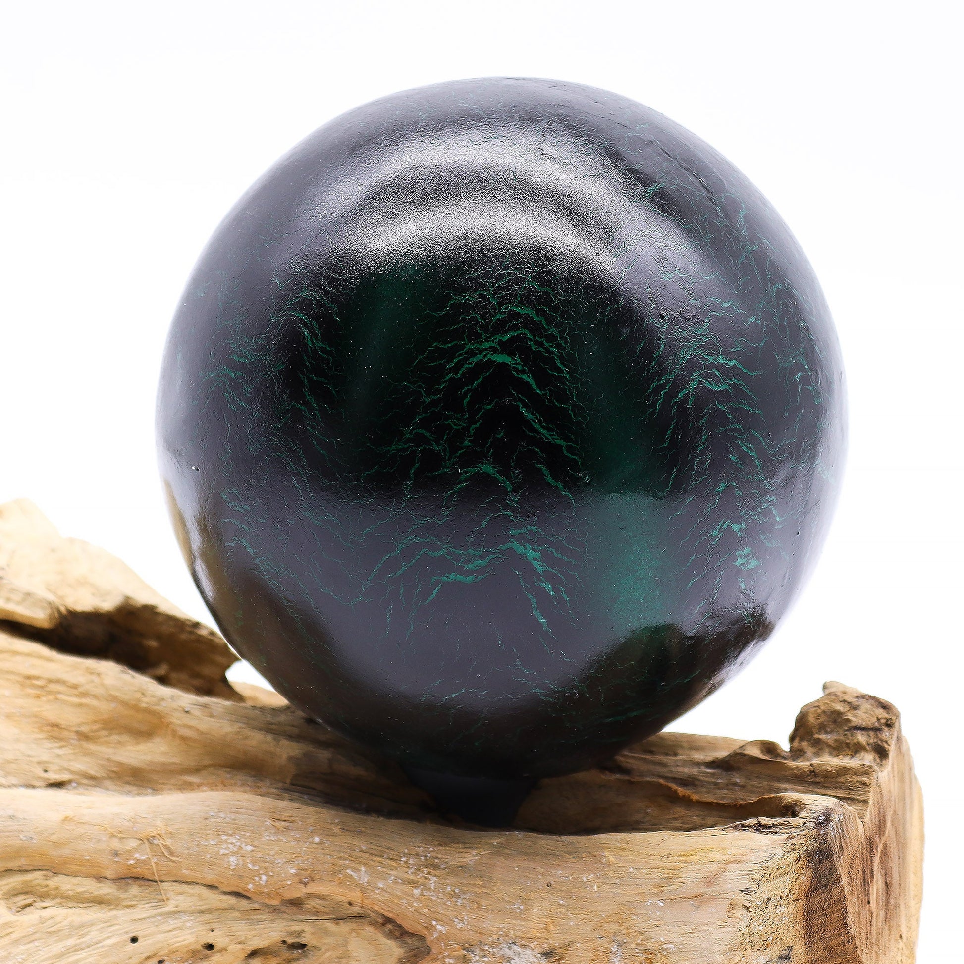 Natural Driftwood LED Glow Lamp - Crackled Emerald Shade product packaging on clean background from Quintessential Holistic Health Ltd