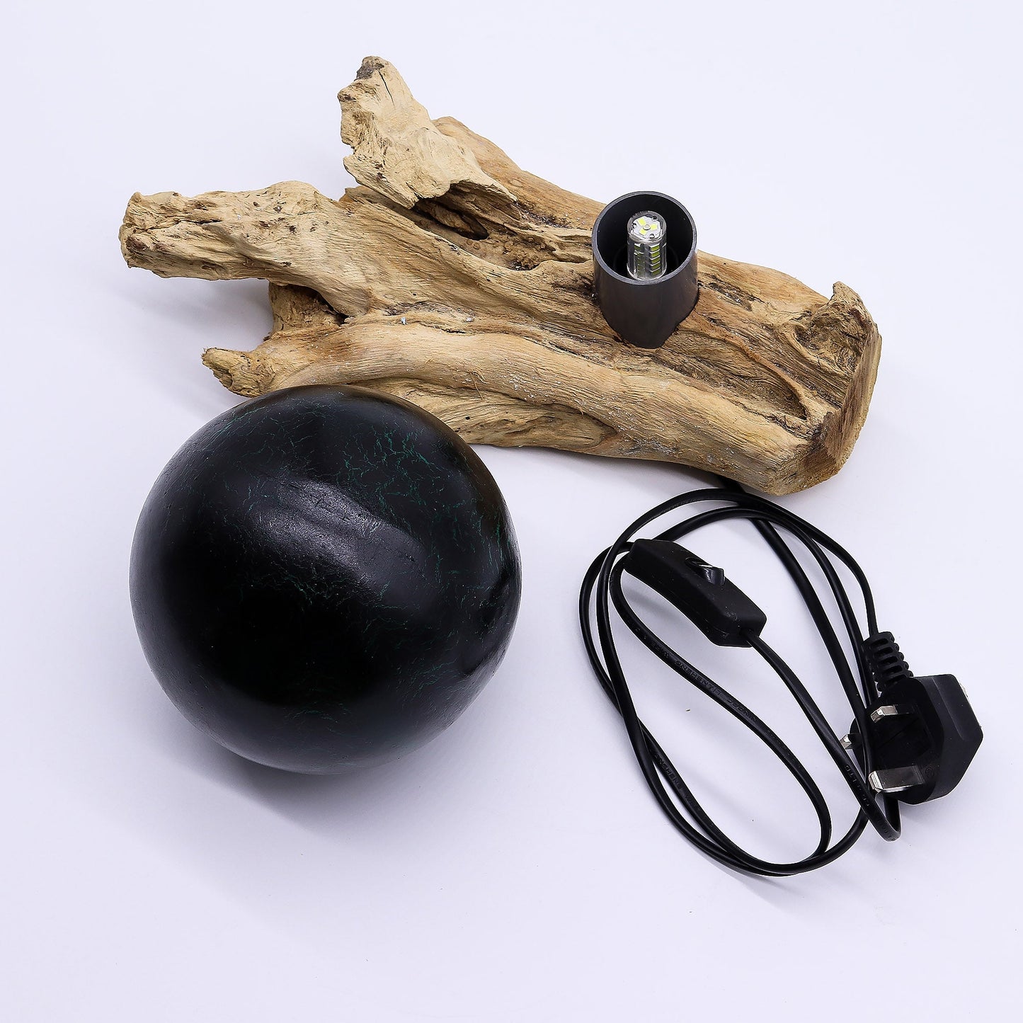 Natural Driftwood LED Glow Lamp - Crackled Emerald Shade product packaging on clean background from Quintessential Holistic Health Ltd