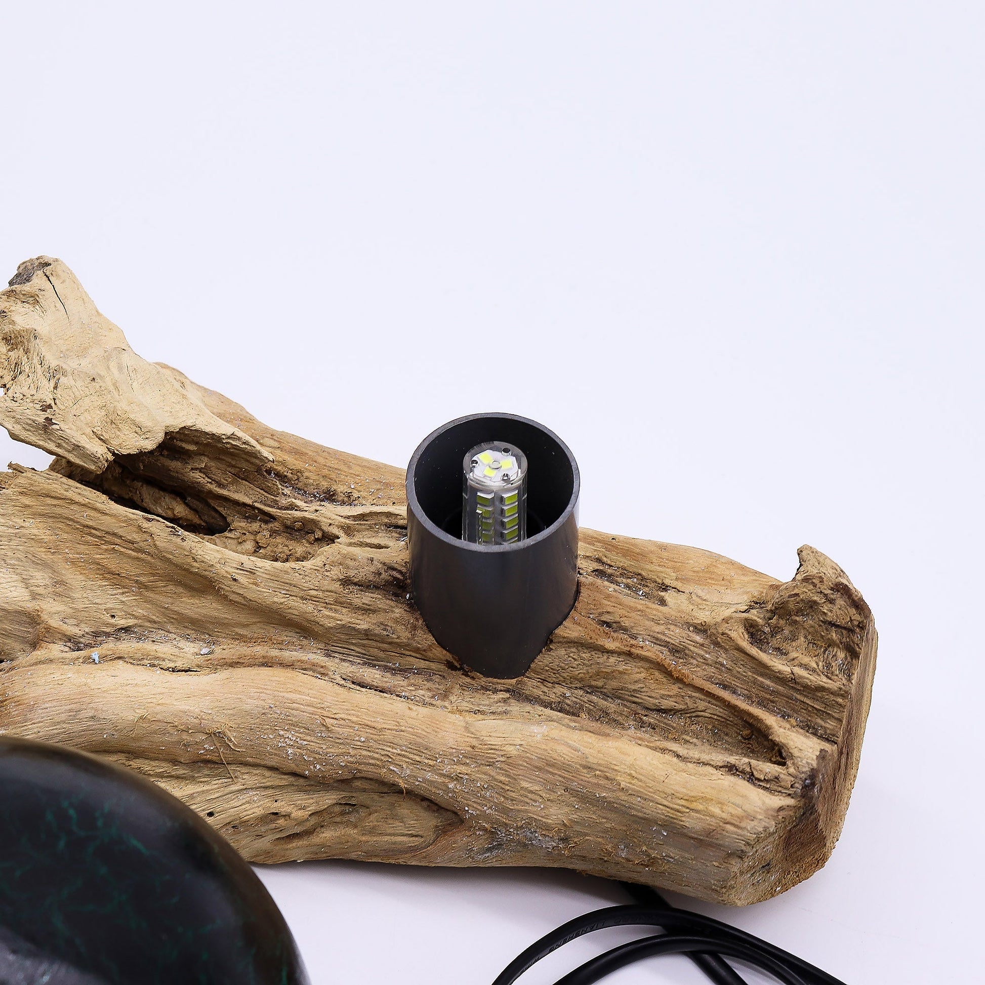 Natural Driftwood LED Glow Lamp - Crackled Emerald Shade product packaging on clean background from Quintessential Holistic Health Ltd