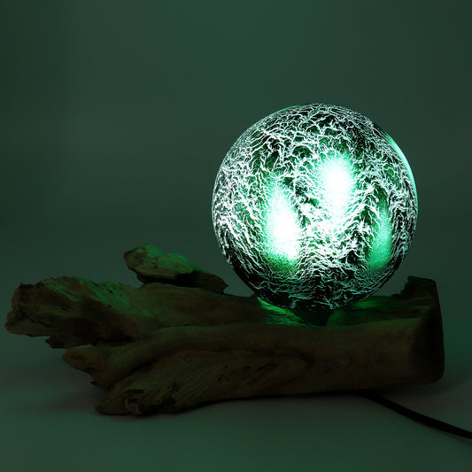 Natural Driftwood LED Glow Lamp - Crackled Emerald Shade product packaging on clean background from Quintessential Holistic Health Ltd
