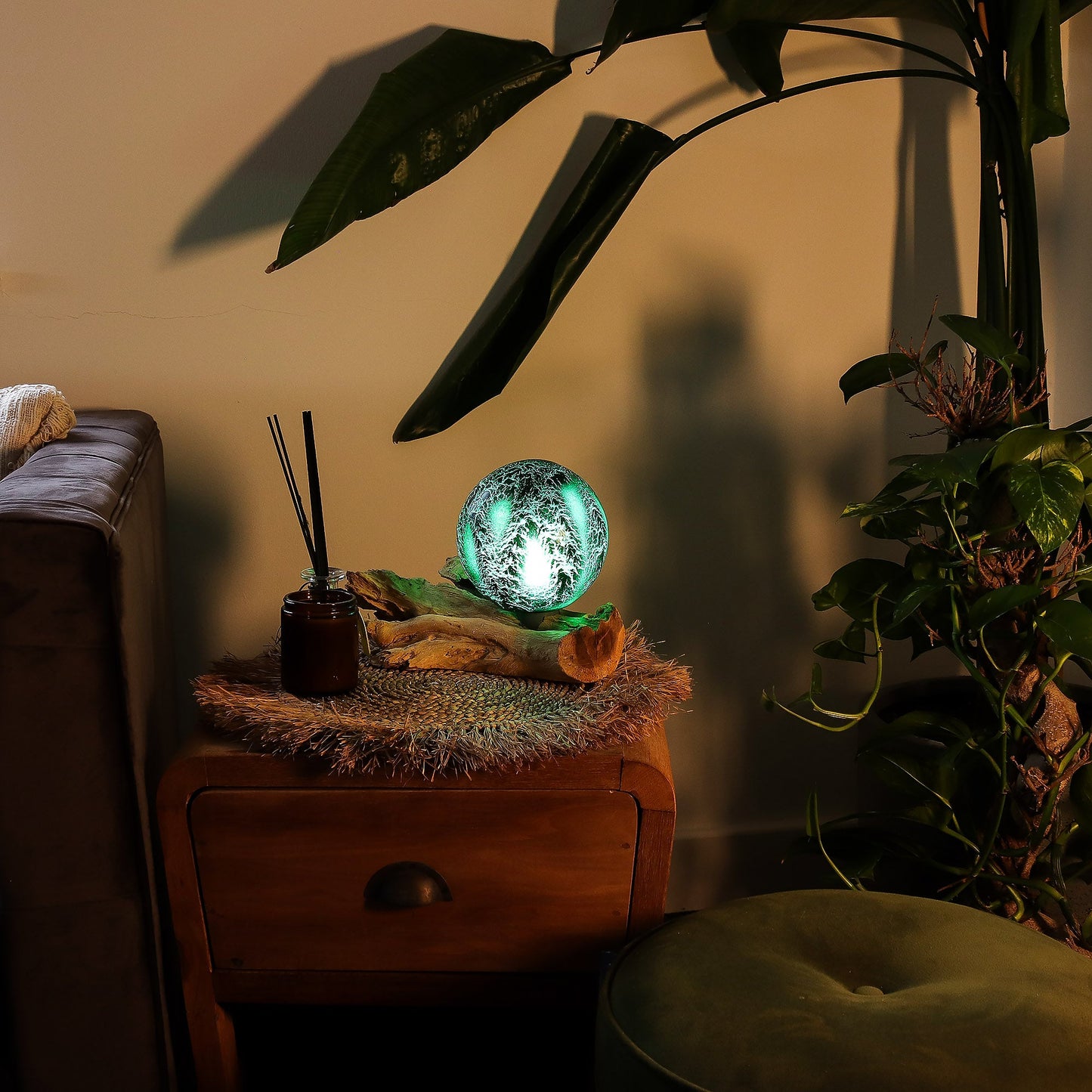 Natural Driftwood LED Glow Lamp - Crackled Emerald Shade product packaging on clean background from Quintessential Holistic Health Ltd