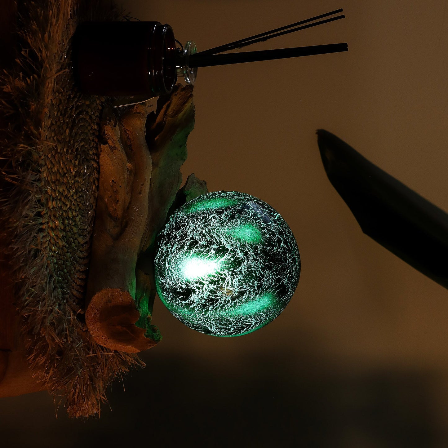 Natural Driftwood LED Glow Lamp - Crackled Emerald Shade product packaging on clean background from Quintessential Holistic Health Ltd
