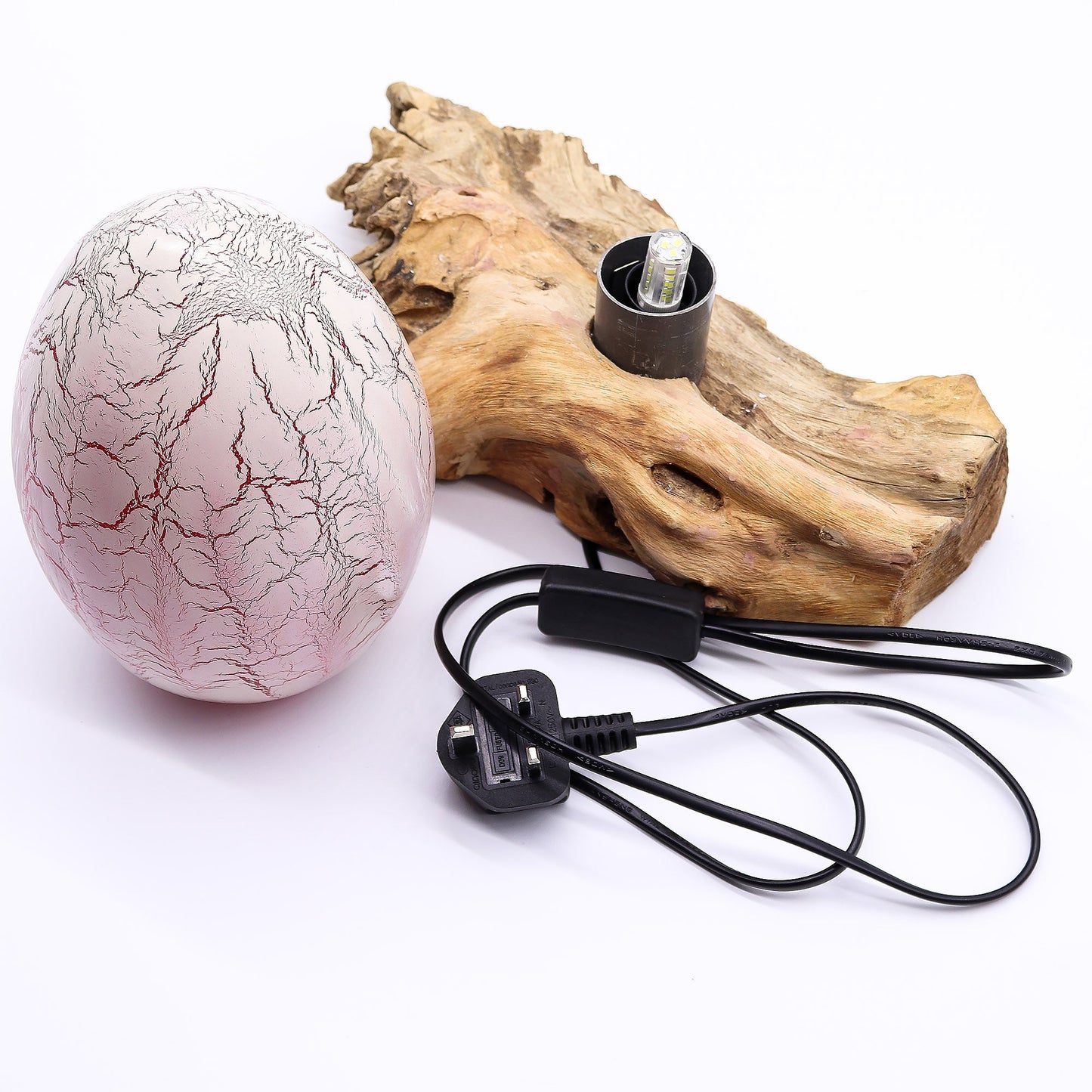 Natural Driftwood LED Glow Lamp - Crackled Fire Egg Shade / Orange product packaging on clean background from Quintessential Holistic Health Ltd