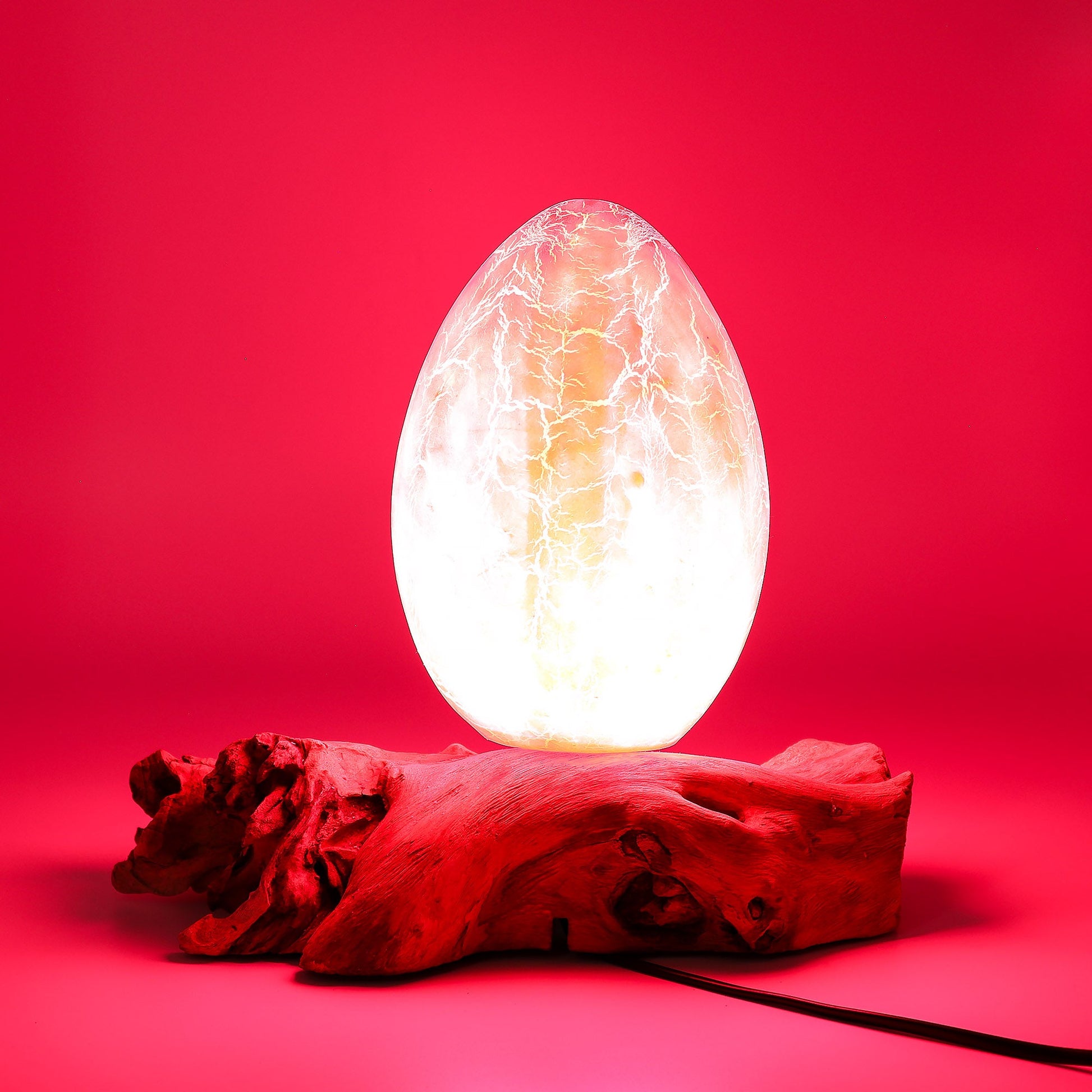 Natural Driftwood LED Glow Lamp - Crackled Fire Egg Shade / Orange product packaging on clean background from Quintessential Holistic Health Ltd