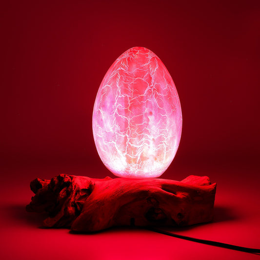 Natural Driftwood LED Glow Lamp - Crackled Fire Egg Shade / Orange product packaging on clean background from Quintessential Holistic Health Ltd