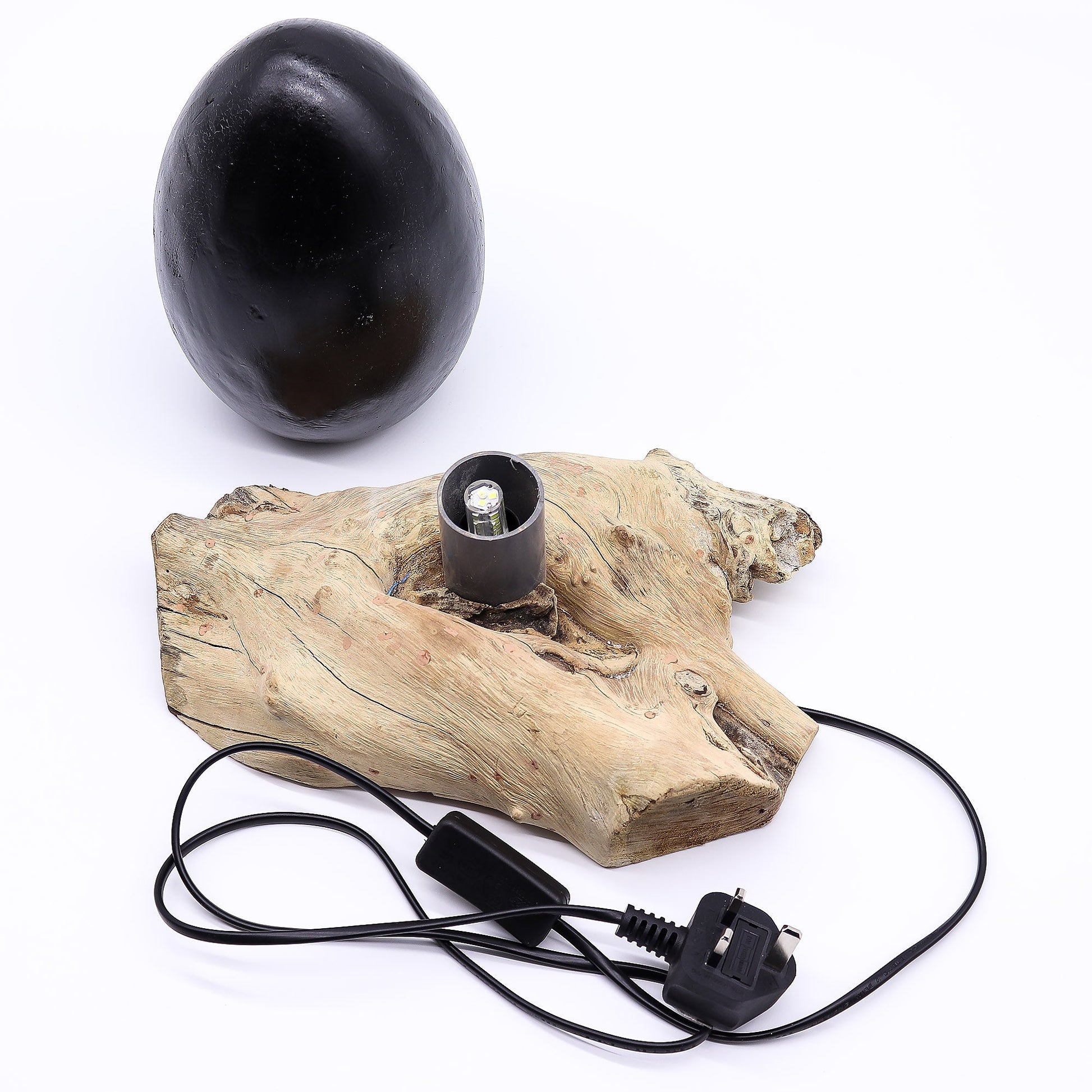 Natural Driftwood LED Glow Lamp - Crackle Lava Egg Shade / Grey product packaging on clean background from Quintessential Holistic Health Ltd