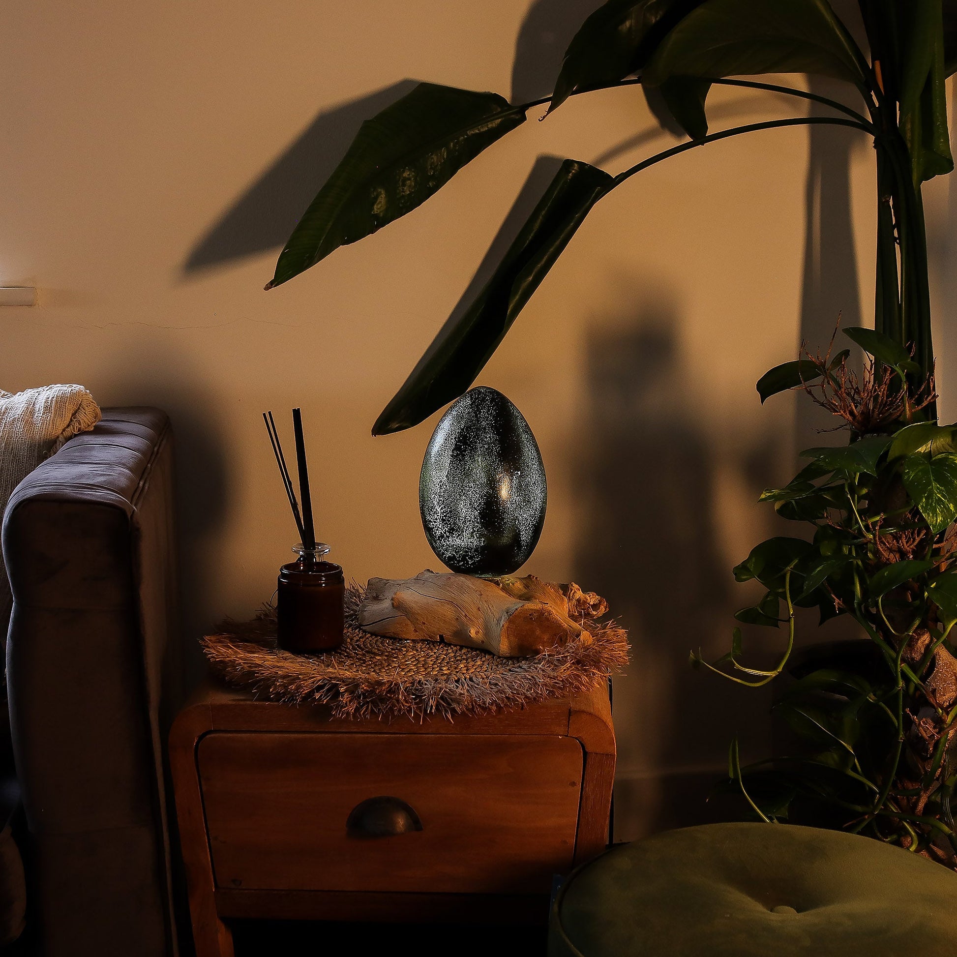 Natural Driftwood LED Glow Lamp - Crackle Lava Egg Shade / Grey product packaging on clean background from Quintessential Holistic Health Ltd