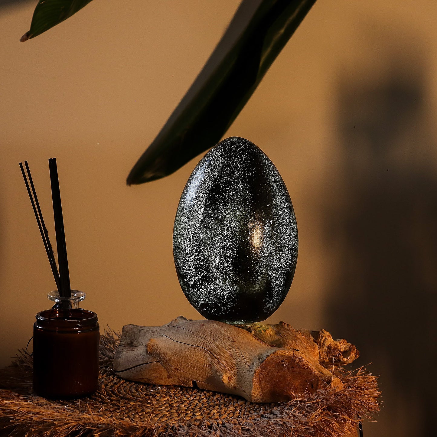 Natural Driftwood LED Glow Lamp - Crackle Lava Egg Shade / Grey product packaging on clean background from Quintessential Holistic Health Ltd