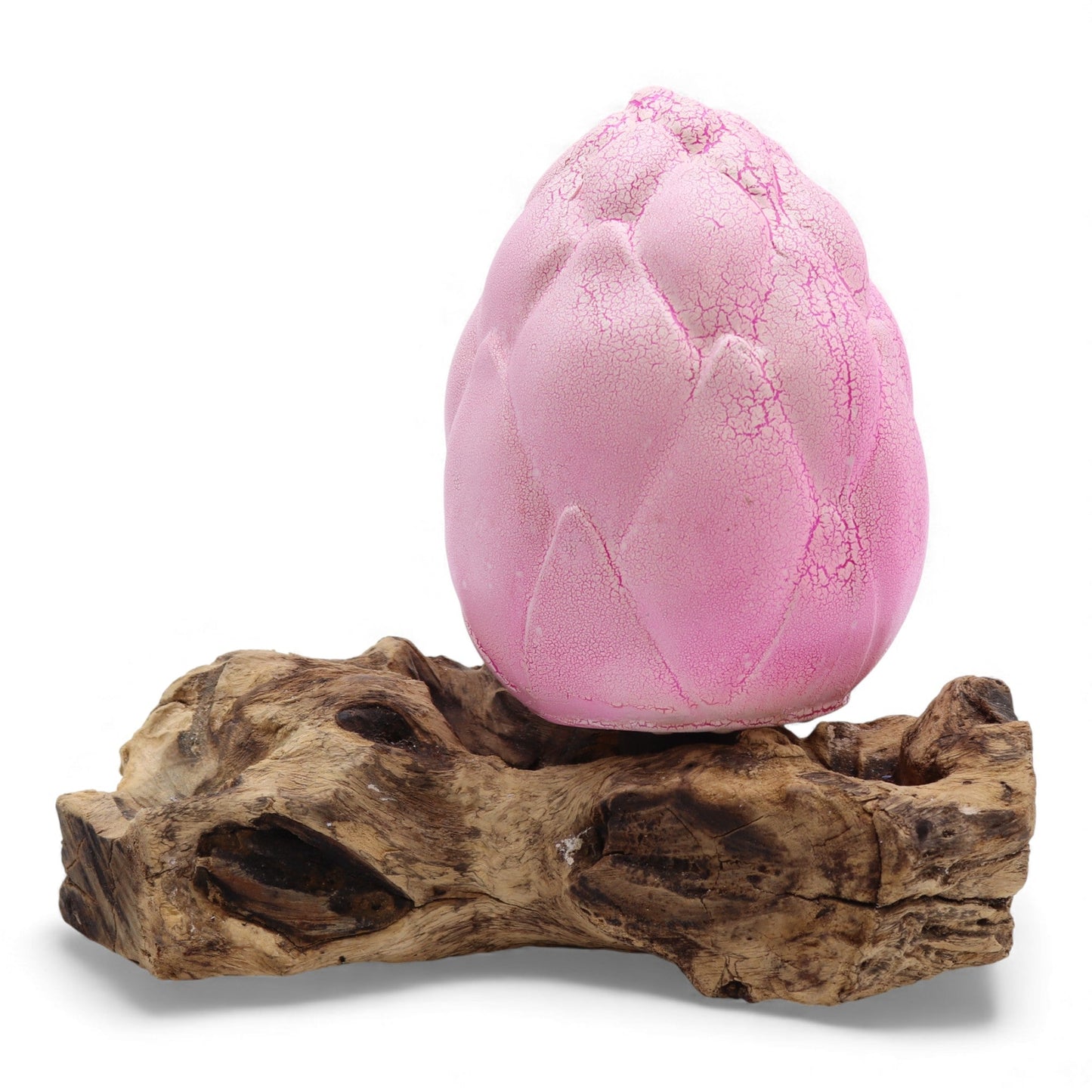 Natural Driftwood LED Glow Lamp - Crackle Lotus Flower Shade / Purple product packaging on clean background from Quintessential Holistic Health Ltd