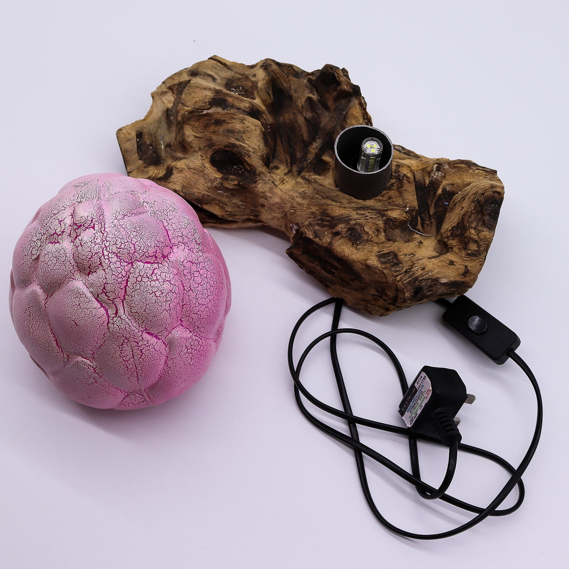 Natural Driftwood LED Glow Lamp - Crackle Lotus Flower Shade / Purple product packaging on clean background from Quintessential Holistic Health Ltd