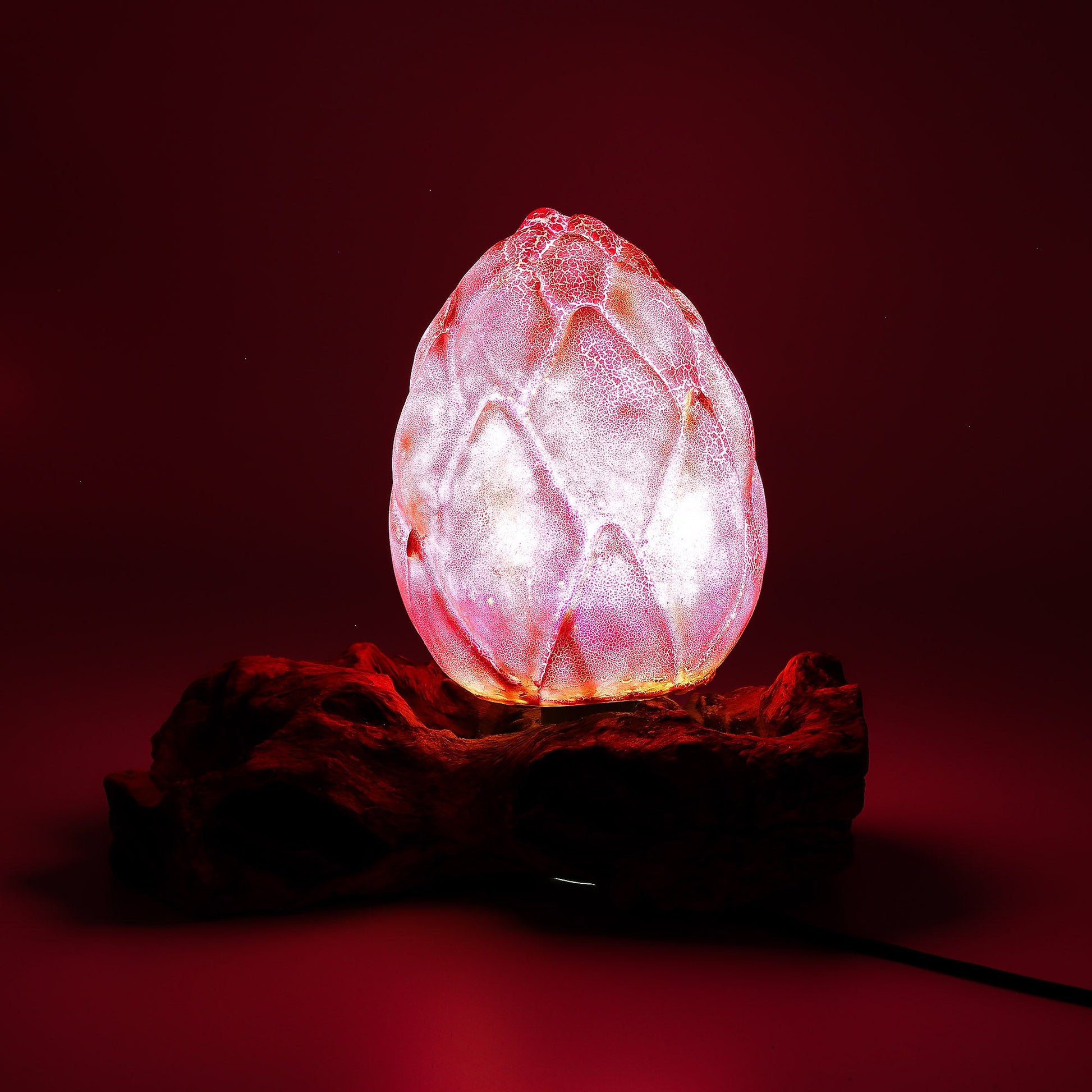 Natural Driftwood LED Glow Lamp - Crackle Lotus Flower Shade / Purple product packaging on clean background from Quintessential Holistic Health Ltd