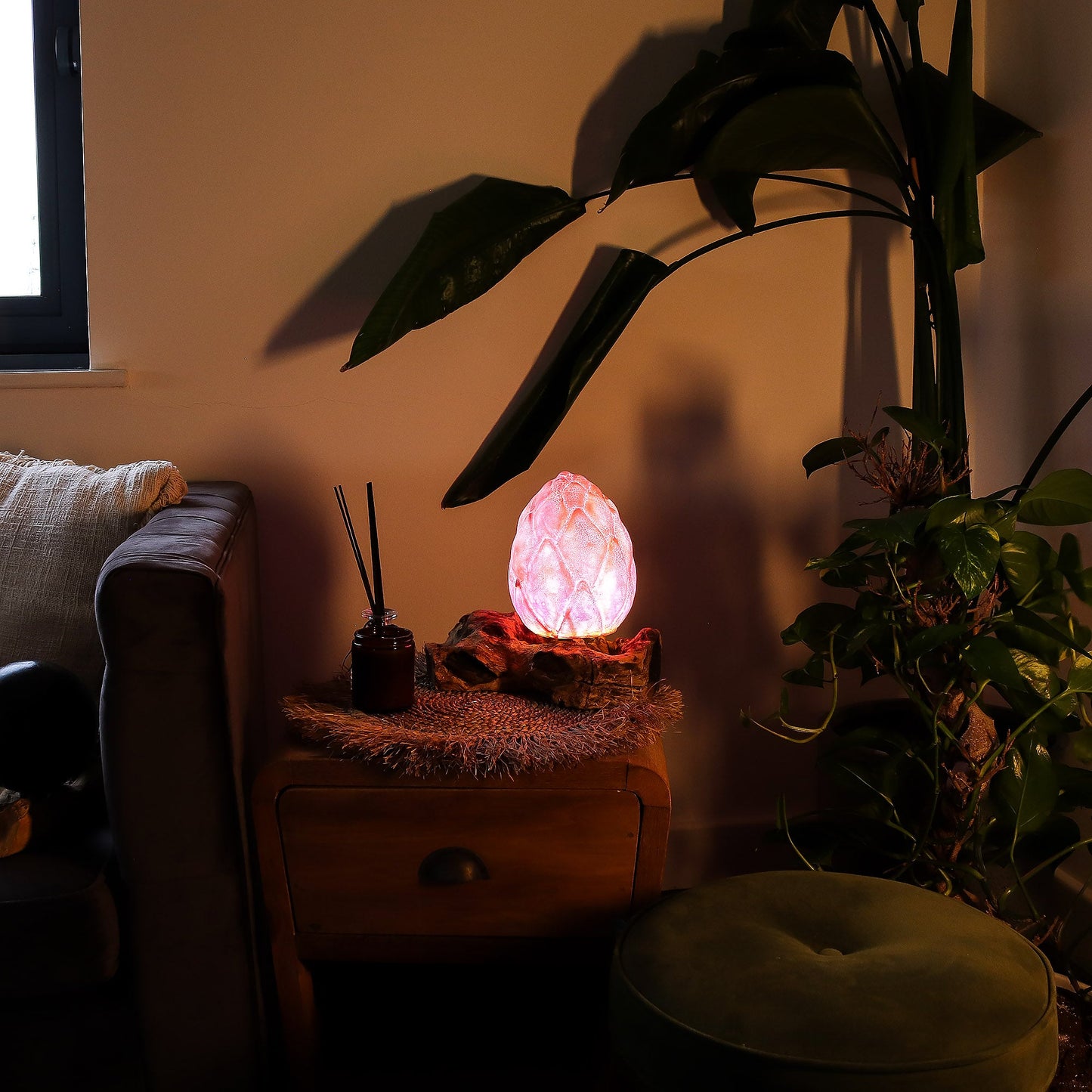 Natural Driftwood LED Glow Lamp - Crackle Lotus Flower Shade / Purple product packaging on clean background from Quintessential Holistic Health Ltd