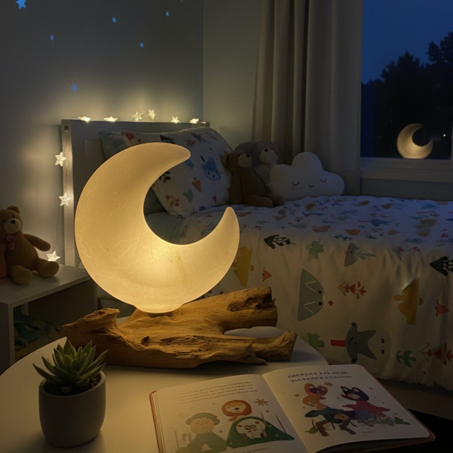 Natural Driftwood LED Glow Lamp - Crackled Half Moon Shade / Grey product packaging on clean background from Quintessential Holistic Health Ltd