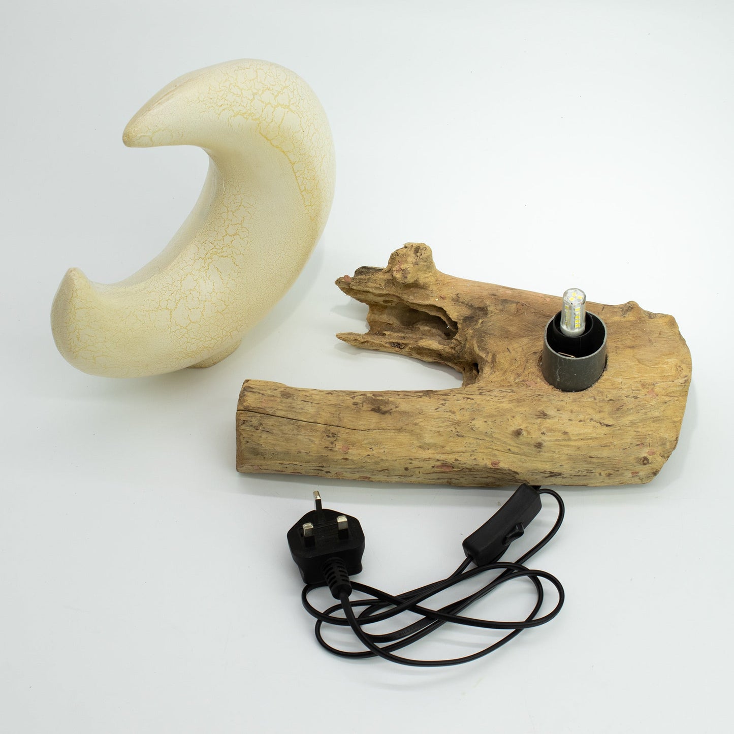 Natural Driftwood LED Glow Lamp - Crackled Half Moon Shade / Grey product packaging on clean background from Quintessential Holistic Health Ltd