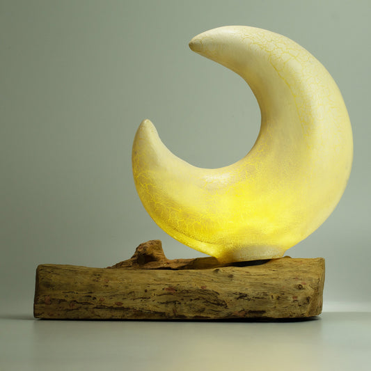 Natural Driftwood LED Glow Lamp - Crackled Half Moon Shade / Grey product packaging on clean background from Quintessential Holistic Health Ltd