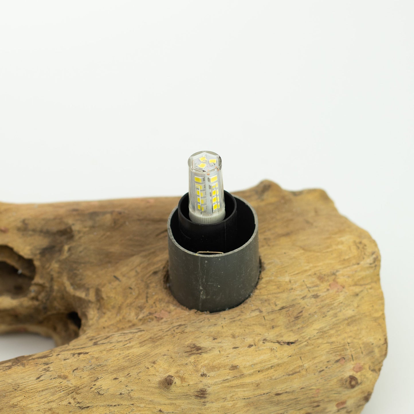 Natural Driftwood LED Glow Lamp - Crackled Half Moon Shade / Grey product packaging on clean background from Quintessential Holistic Health Ltd