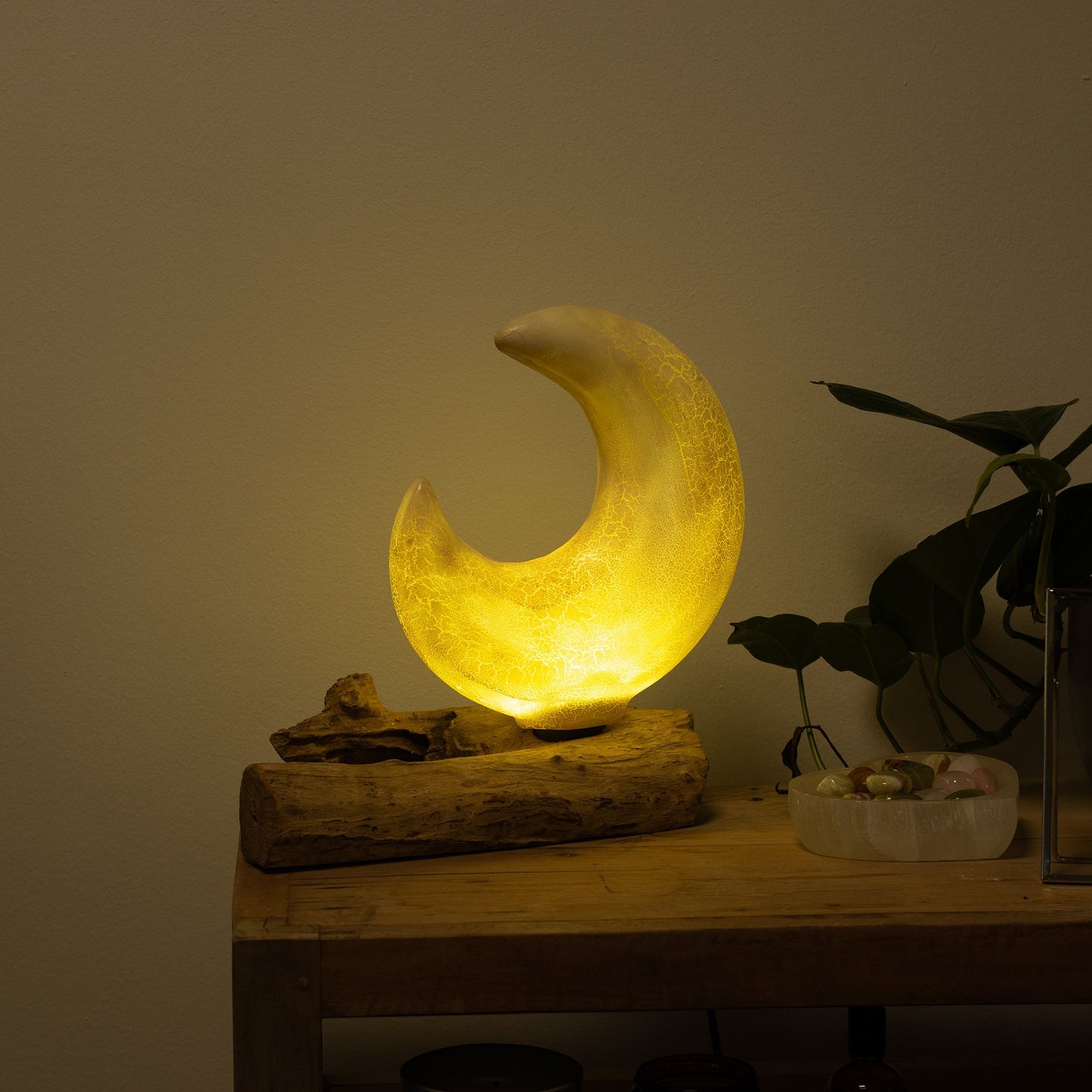 Natural Driftwood LED Glow Lamp - Crackled Half Moon Shade / Grey product packaging on clean background from Quintessential Holistic Health Ltd