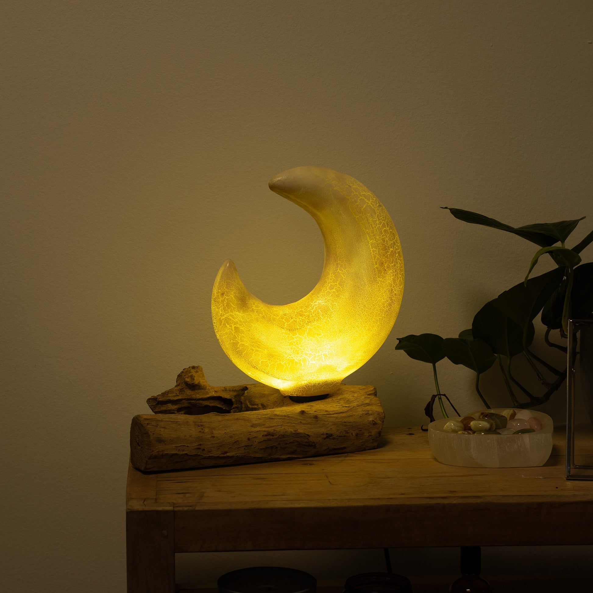 Natural Driftwood LED Glow Lamp - Crackled Half Moon Shade / Grey product packaging on clean background from Quintessential Holistic Health Ltd