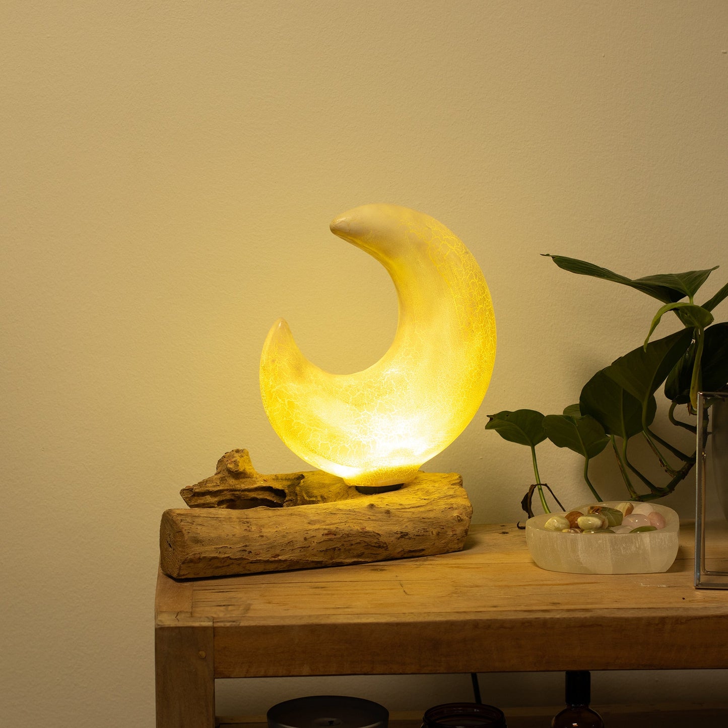 Natural Driftwood LED Glow Lamp - Crackled Half Moon Shade / Grey product packaging on clean background from Quintessential Holistic Health Ltd