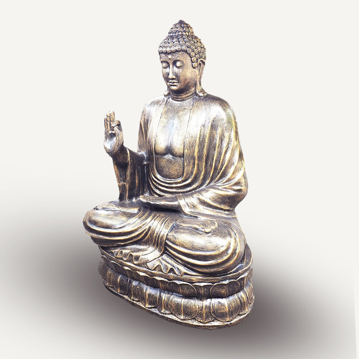 Fibre Cement Teaching Lotus Buddha - Antique Gold, 2 m, seated on a lotus pedestal with the right hand raised by Quintessential Holistic Health Ltd