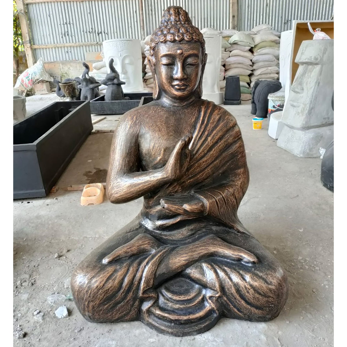 Fibre Cement Stupa Meditation Buddha - Antique Gold, 1.5 m, seated with a dark bronze and gold-toned finish by Quintessential Holistic Health Ltd