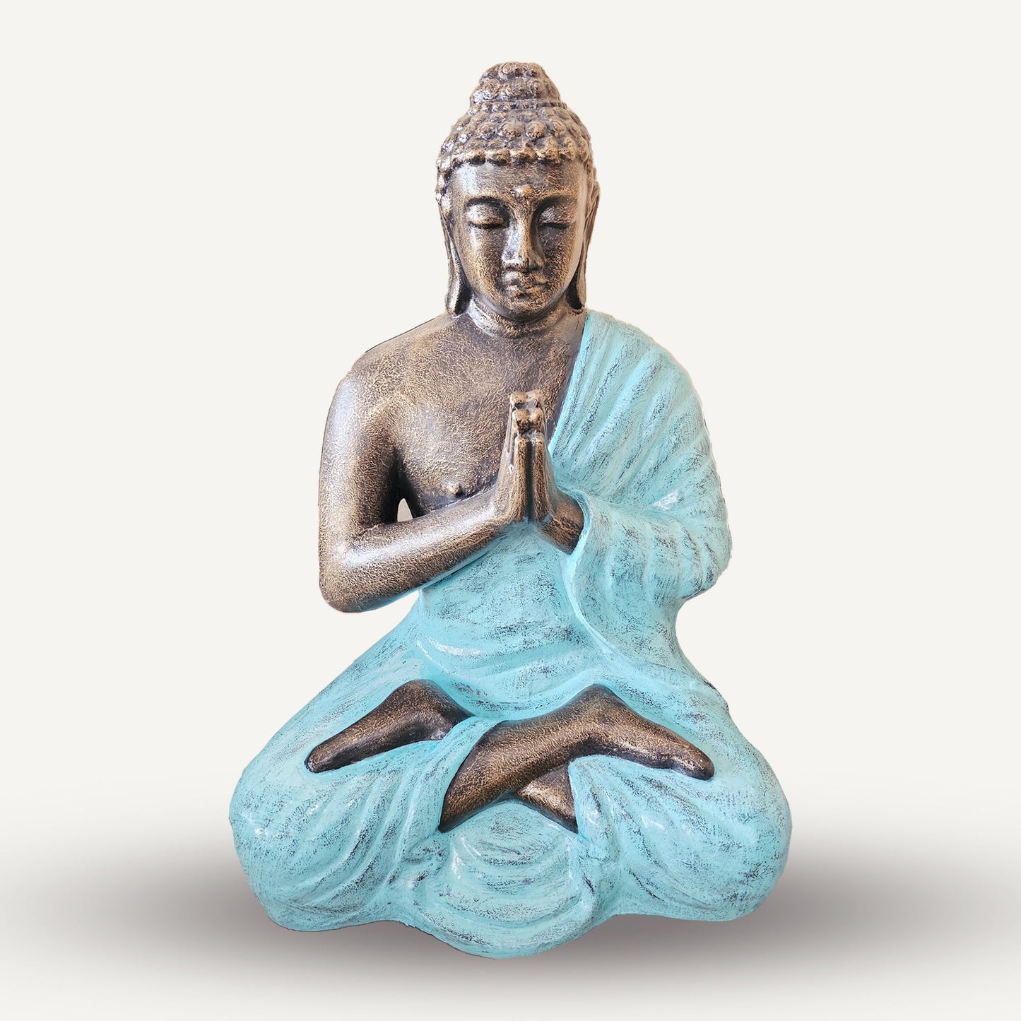 Handmade Concrete and Resin Praying Buddha Statue - Medium / 1.2m Tall / Turquoise and Gold product packaging on clean background from Quintessential Holistic Health Ltd