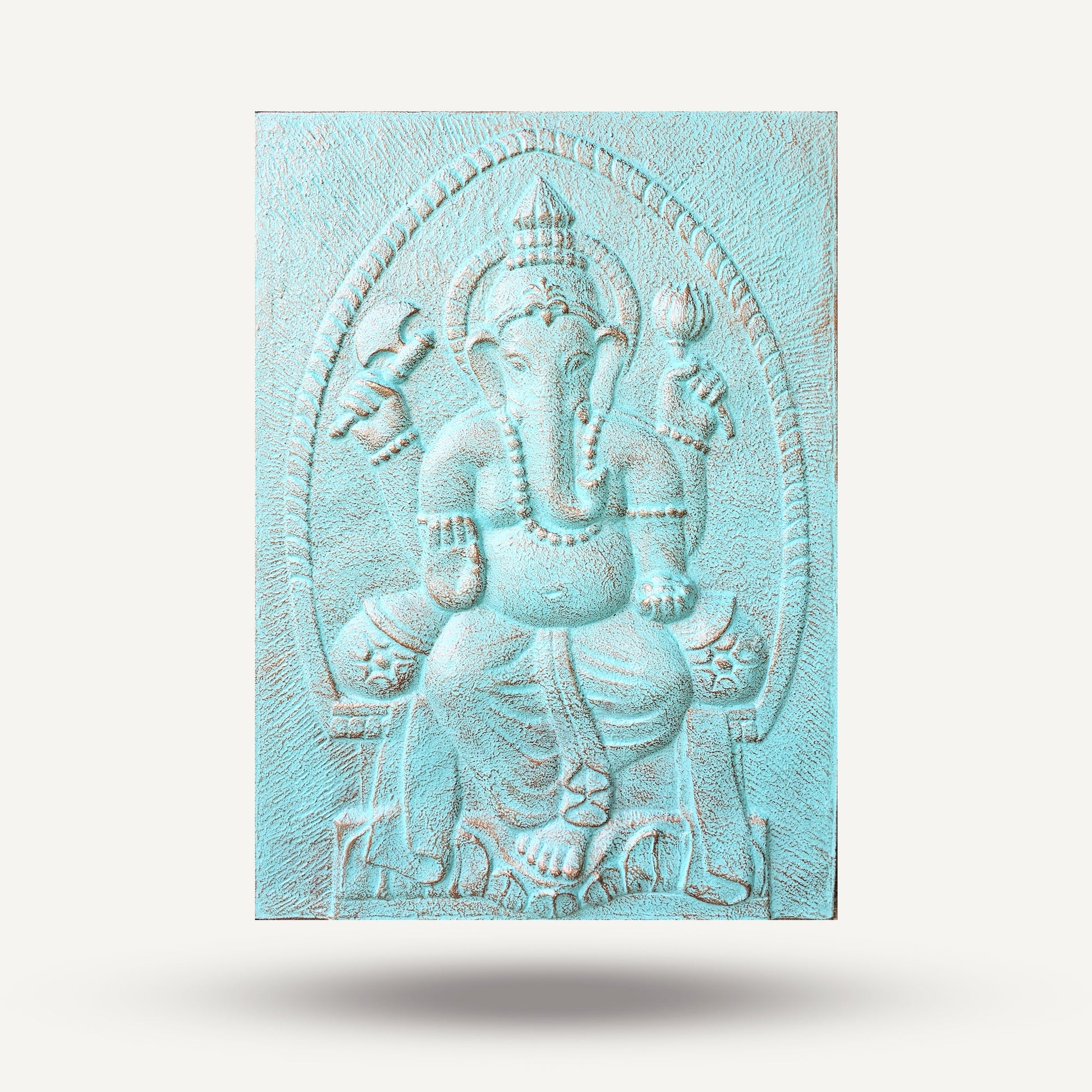 Handmade Concrete and Resin Ganesh Wall Plaque - Turquoise and Gold product packaging on clean background from Quintessential Holistic Health Ltd