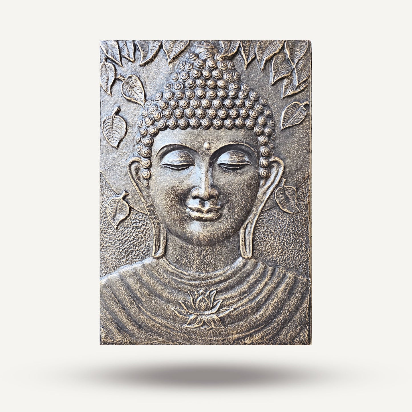Handmade Concrete and Resin Buddha Wall Plaque - Antique Gold product packaging on clean background from Quintessential Holistic Health Ltd
