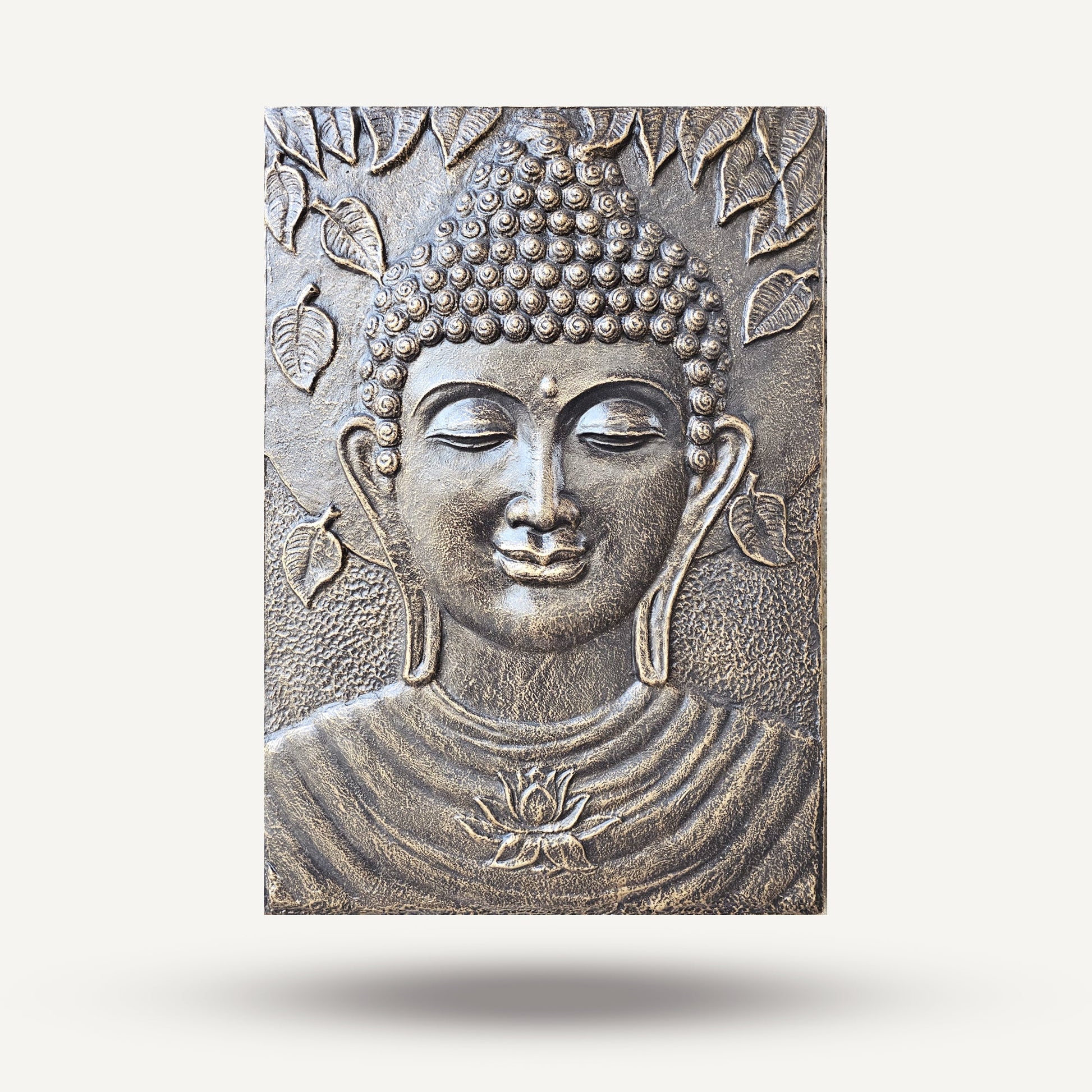 Handmade Concrete and Resin Buddha Wall Plaque - Antique Gold product packaging on clean background from Quintessential Holistic Health Ltd