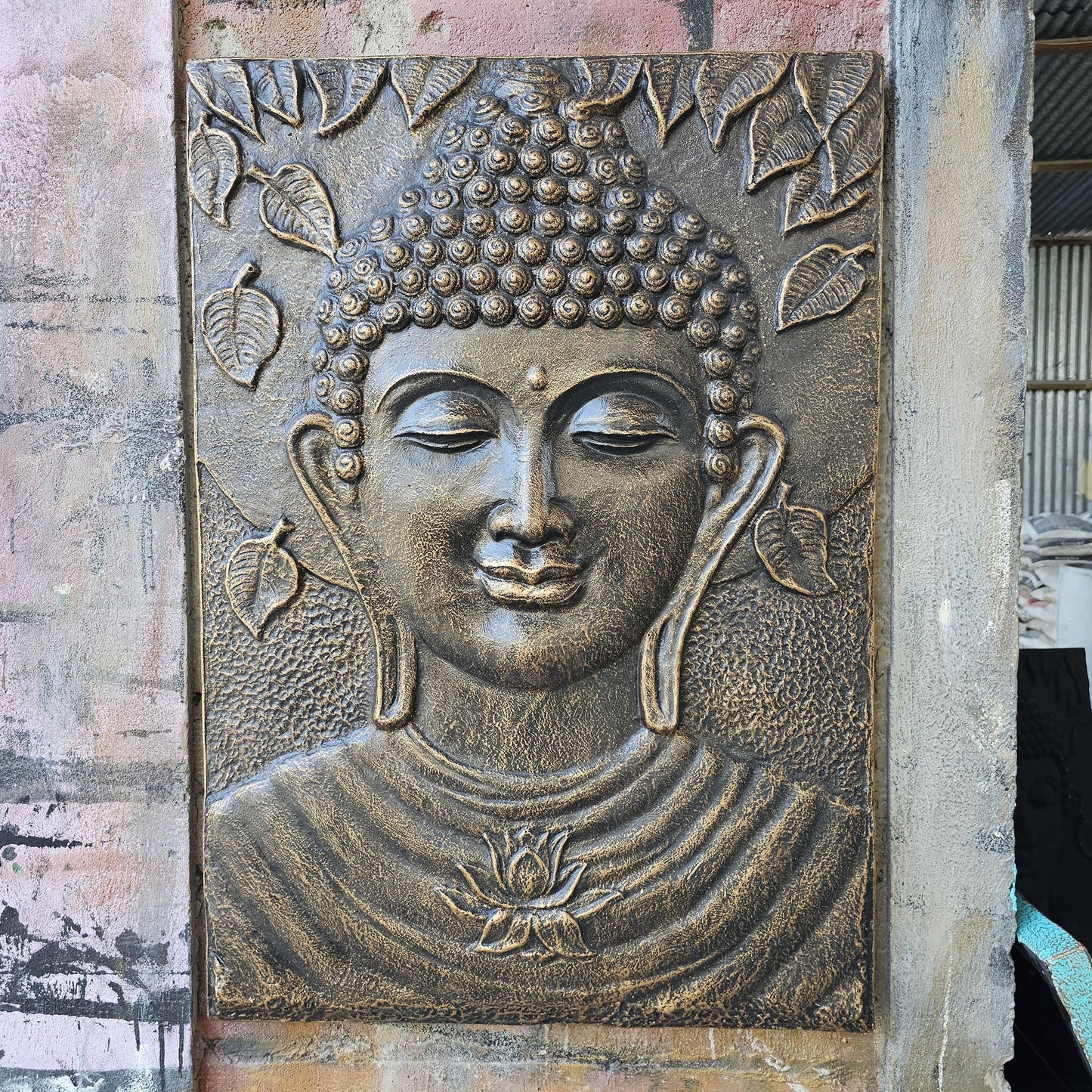 Handmade Concrete and Resin Buddha Wall Plaque - Antique Gold product packaging on clean background from Quintessential Holistic Health Ltd