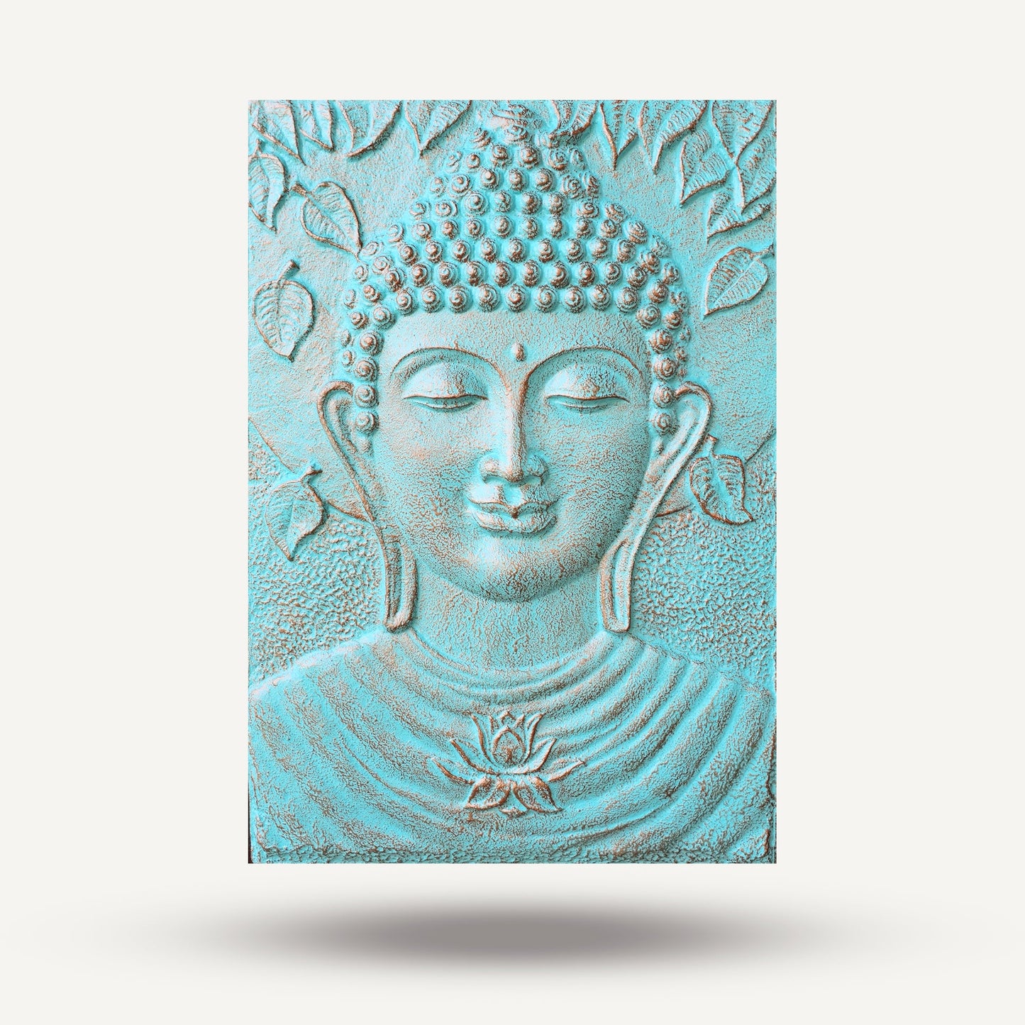 Handmade Concrete and Resin Buddha Wall Plaque - Turquoise and Gold product packaging on clean background from Quintessential Holistic Health Ltd