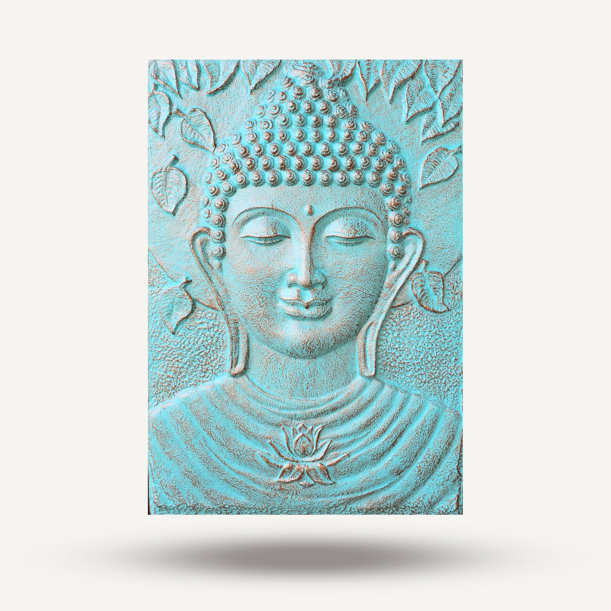 Handmade Concrete and Resin Buddha Wall Plaque - Turquoise and Gold product packaging on clean background from Quintessential Holistic Health Ltd